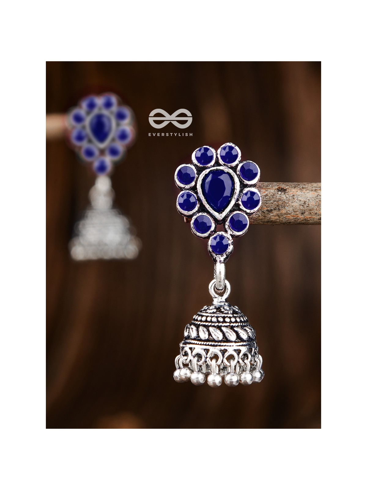 The Shimmery Droplet Jhumkis (Sapphire Blue) - The Embellished Oxidised Collection