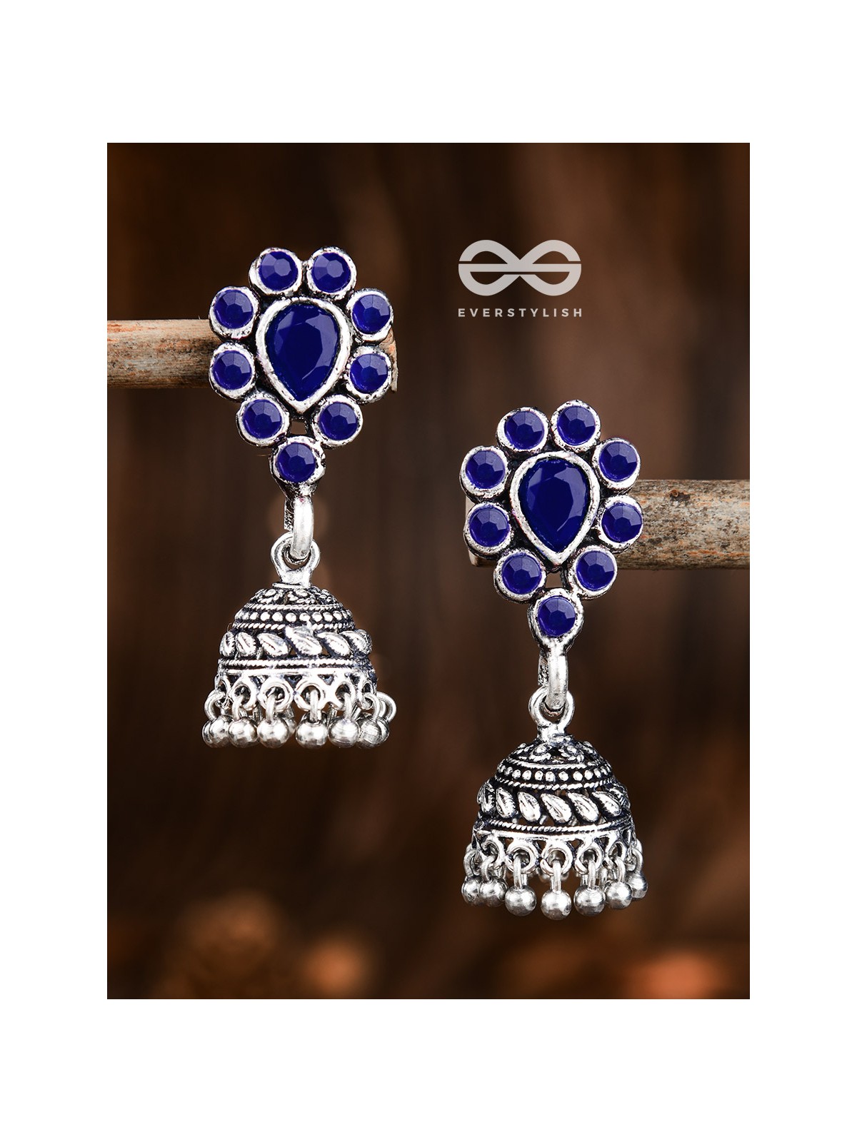 The Shimmery Droplet Jhumkis (Sapphire Blue) - The Embellished Oxidised Collection