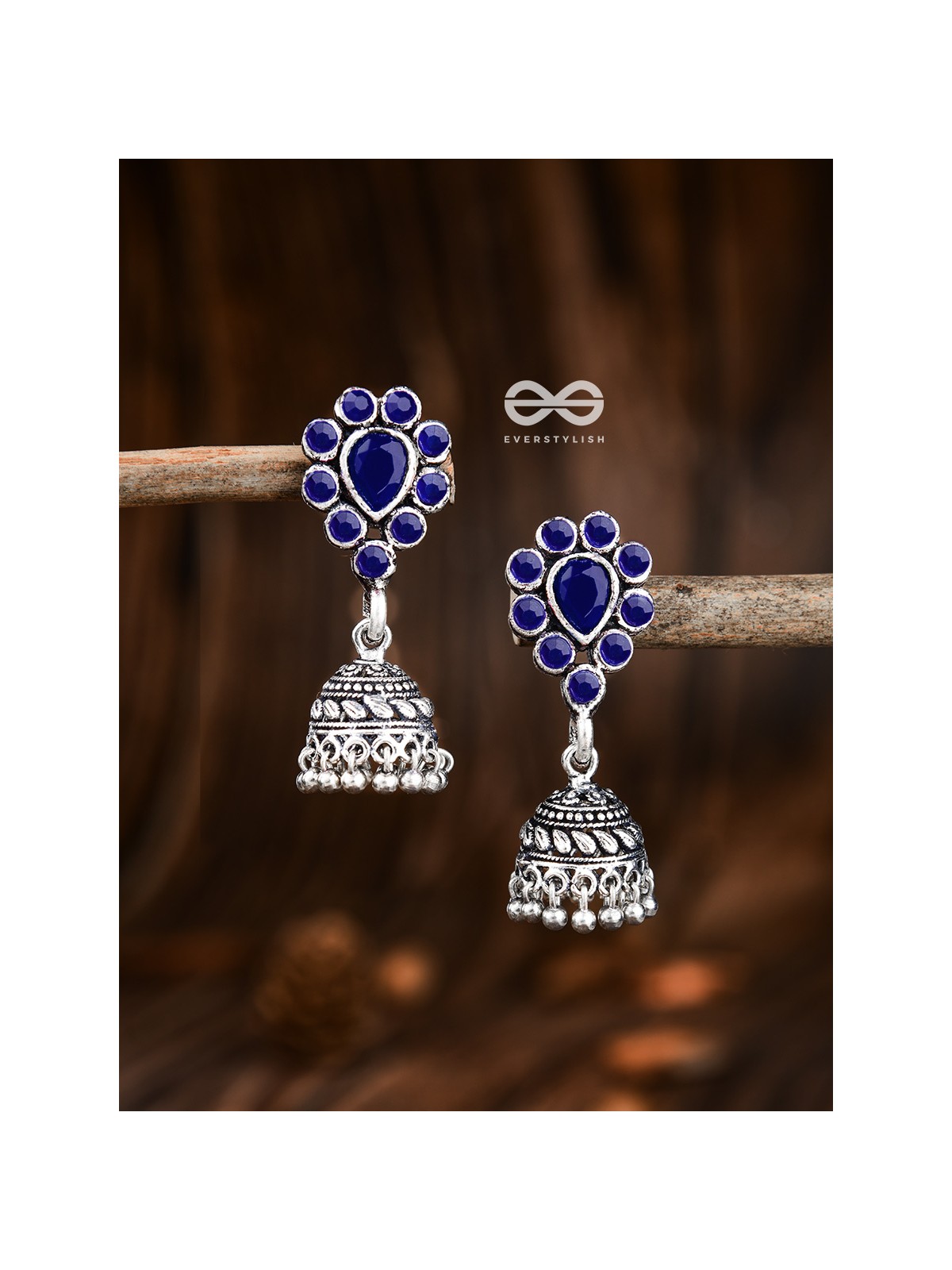The Shimmery Droplet Jhumkis (Sapphire Blue) - The Embellished Oxidised Collection