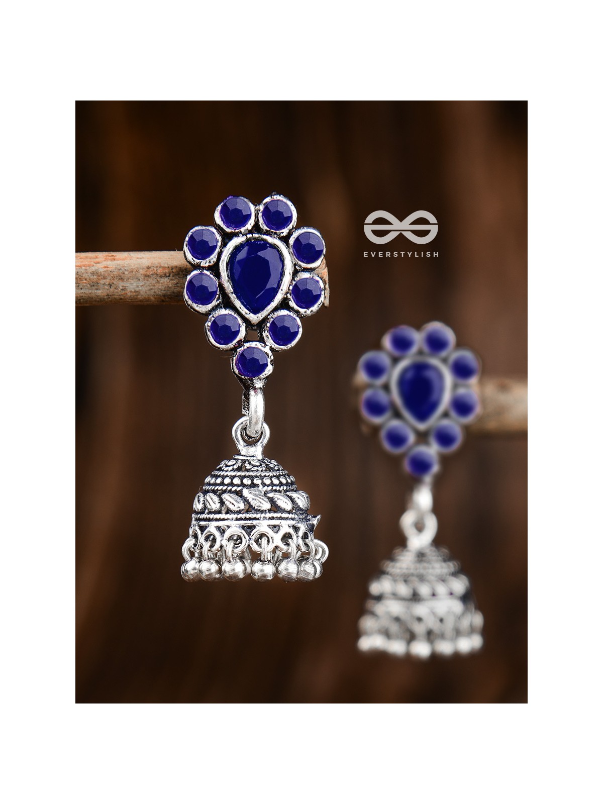 The Shimmery Droplet Jhumkis (Sapphire Blue) - The Embellished Oxidised Collection