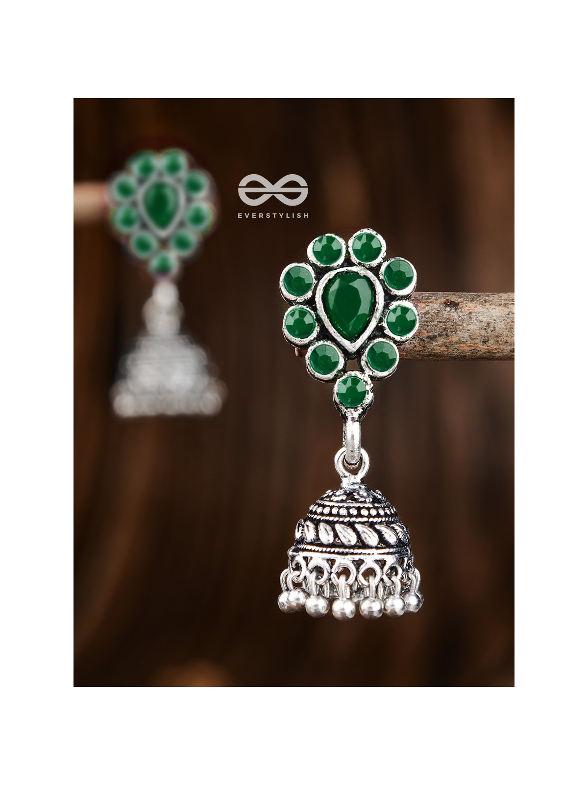 The Shimmery Droplet Jhumkis (Emerald Green) - The Embellished Oxidised Collection