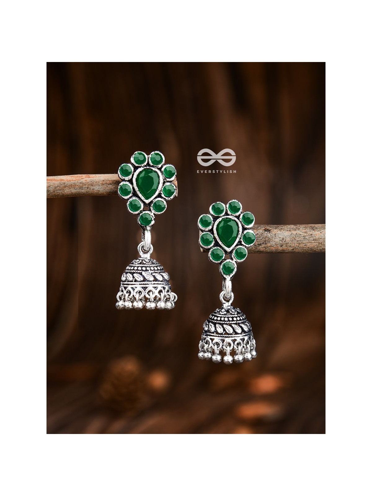 The Shimmery Droplet Jhumkis (Emerald Green) - The Embellished Oxidised Collection