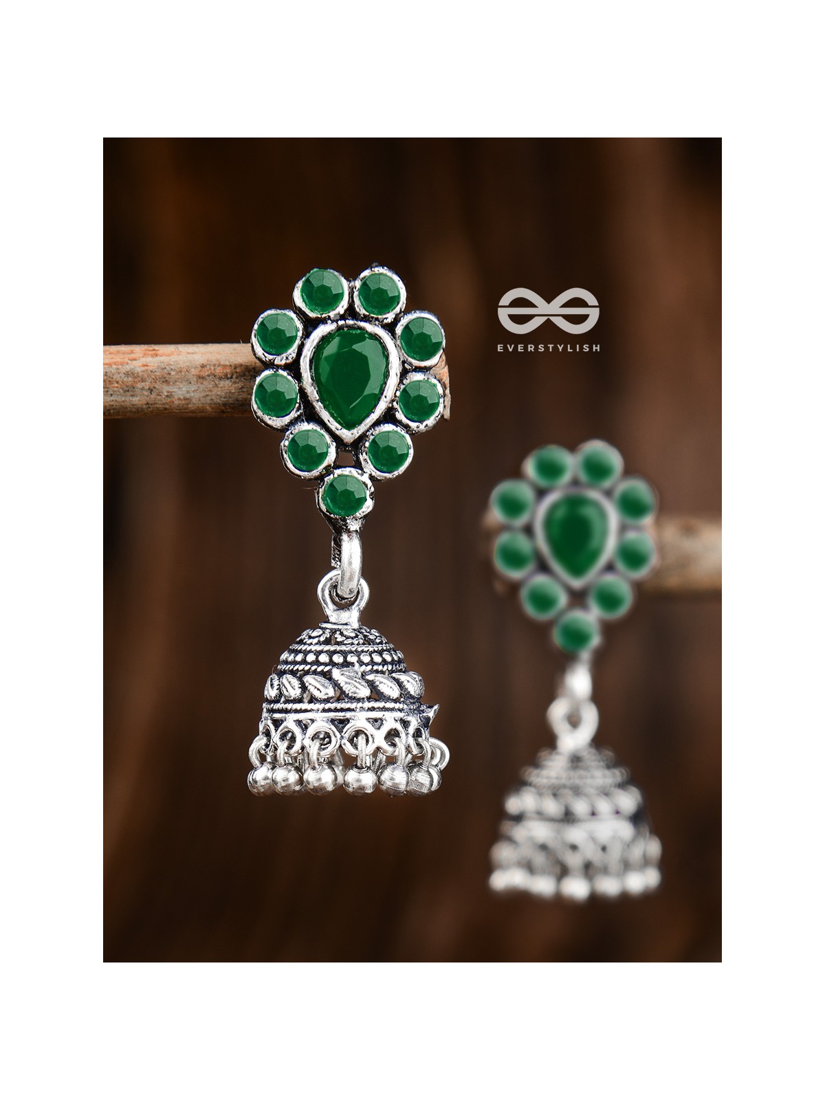 The Shimmery Droplet Jhumkis (Emerald Green) - The Embellished Oxidised Collection