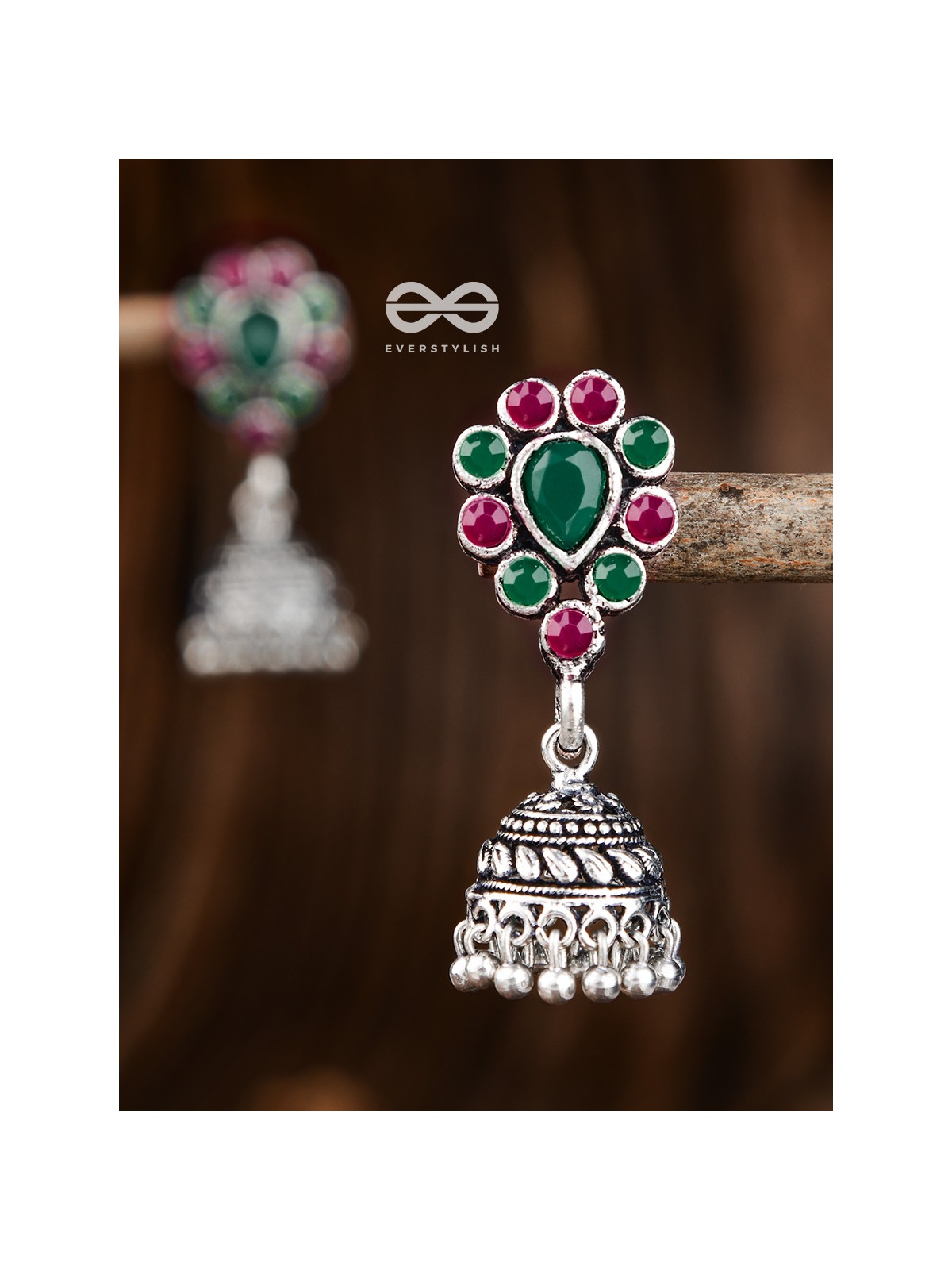 The Shimmery Droplet Jhumkis (Ruby Emerald) - The Embellished Oxidised Collection