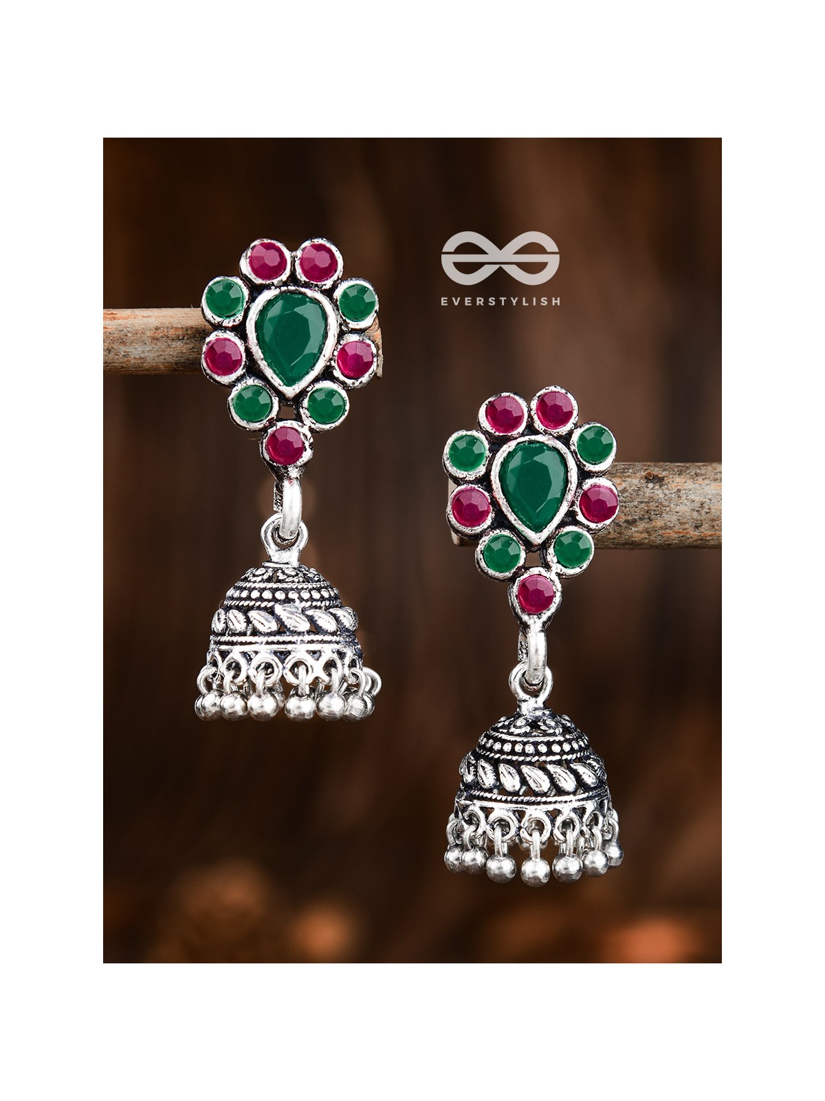 The Shimmery Droplet Jhumkis (Ruby Emerald) - The Embellished Oxidised Collection