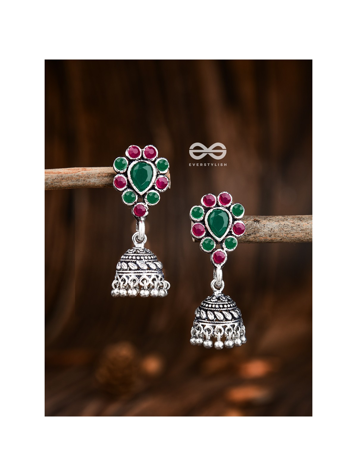 The Shimmery Droplet Jhumkis (Ruby Emerald) - The Embellished Oxidised Collection