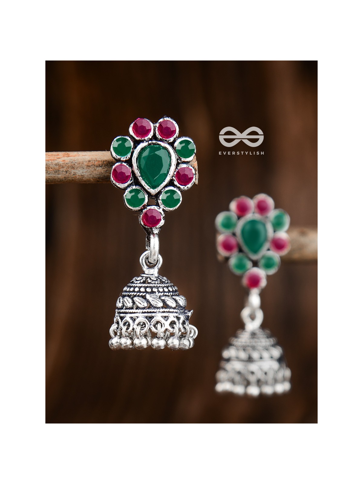 The Shimmery Droplet Jhumkis (Ruby Emerald) - The Embellished Oxidised Collection