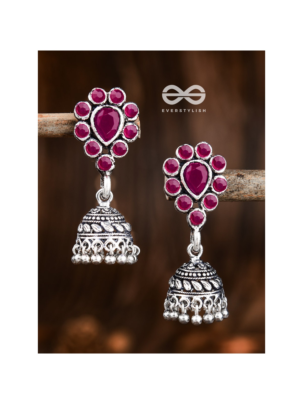 The Shimmery Droplet Jhumkis (Ruby Red) - The Embellished Oxidised Collection