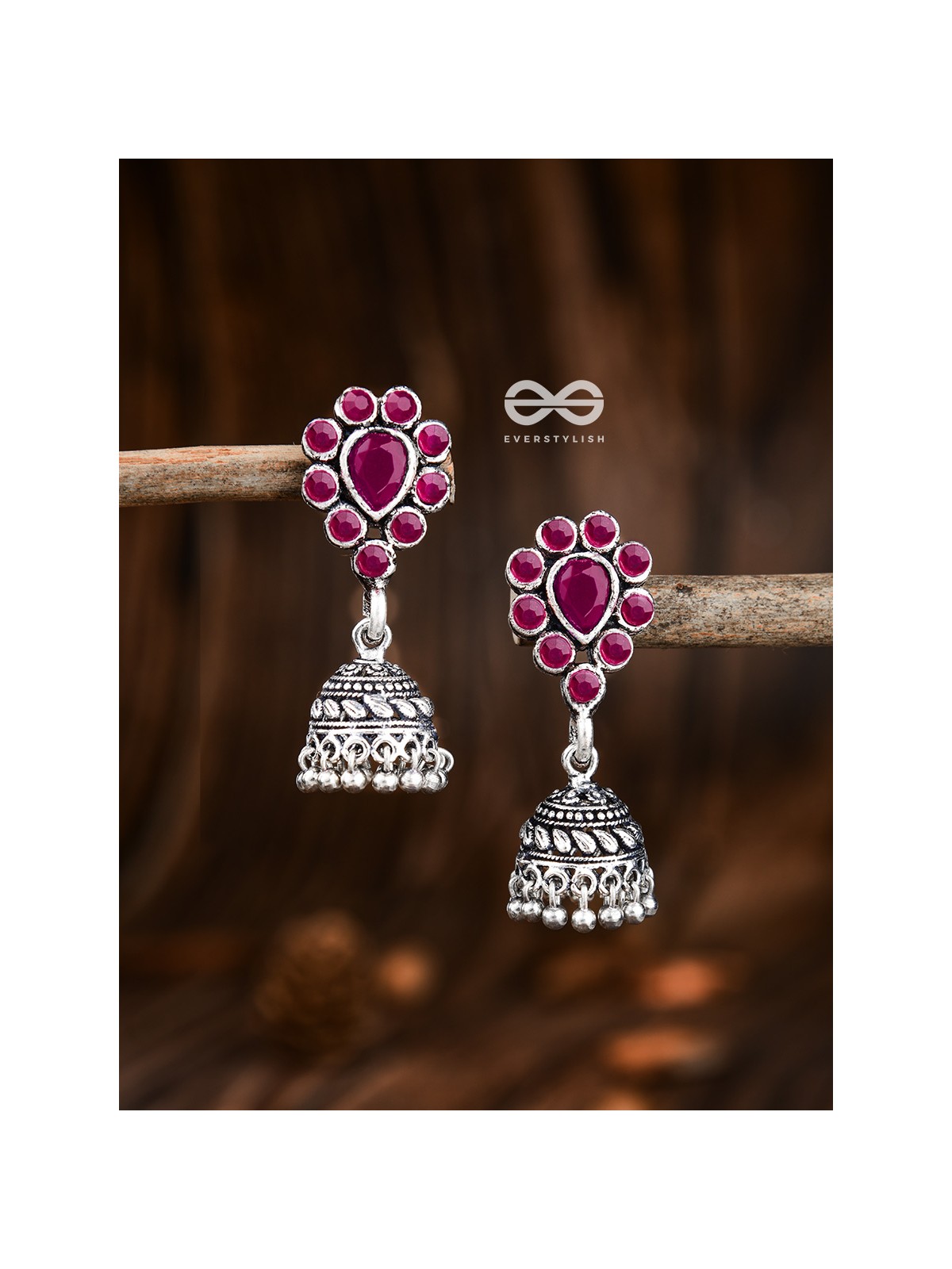 The Shimmery Droplet Jhumkis (Ruby Red) - The Embellished Oxidised Collection