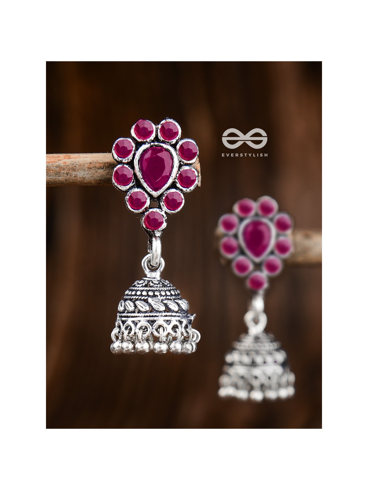 The Shimmery Droplet Jhumkis (Ruby Red) - The Embellished Oxidised Collection