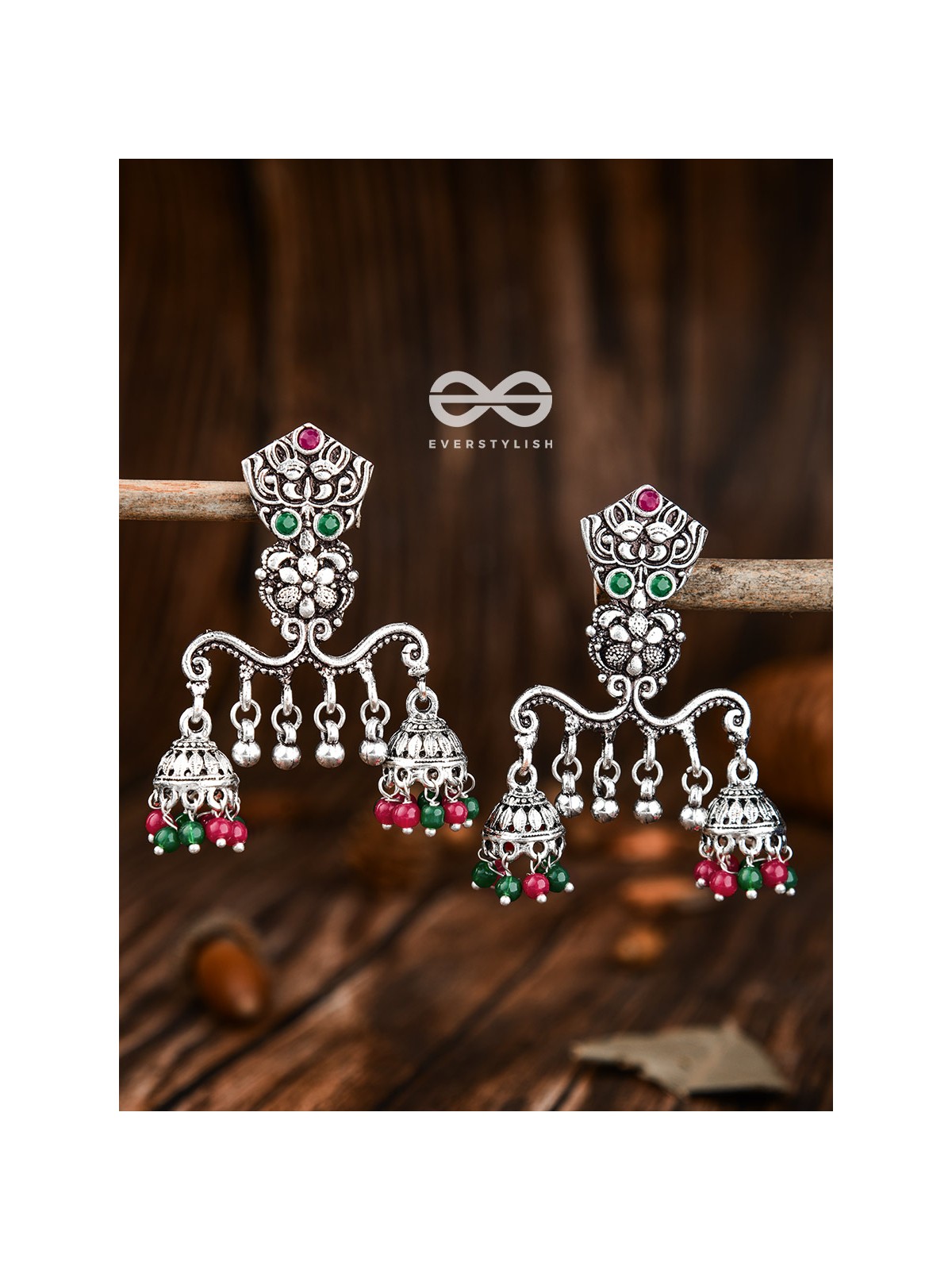 The Multicoloured Owl Double Jhumkis - Embellished Oxidised Collection