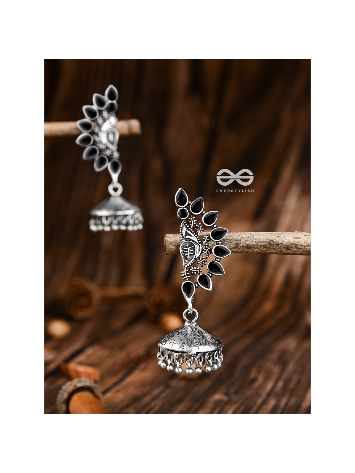 The Bohemian Elegance Floral Jhumkis (Onyx Black) - The Embellished Oxidised Collection