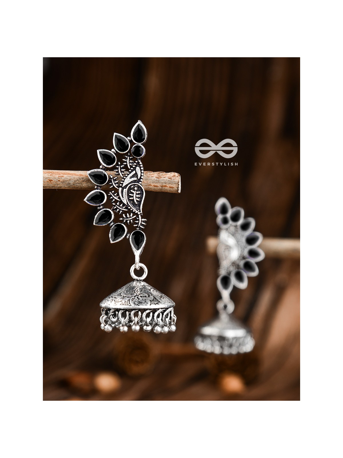 The Bohemian Elegance Floral Jhumkis (Onyx Black) - The Embellished Oxidised Collection