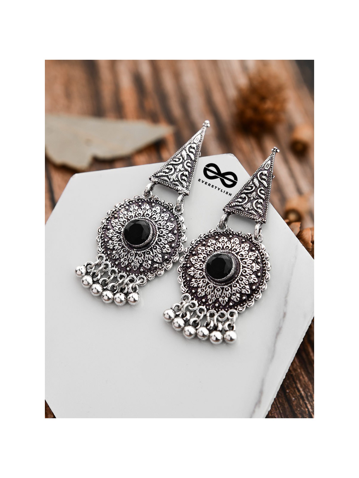 The Embellished Oxidised Collection - Intricate Geometry Earrings- Onyx Black
