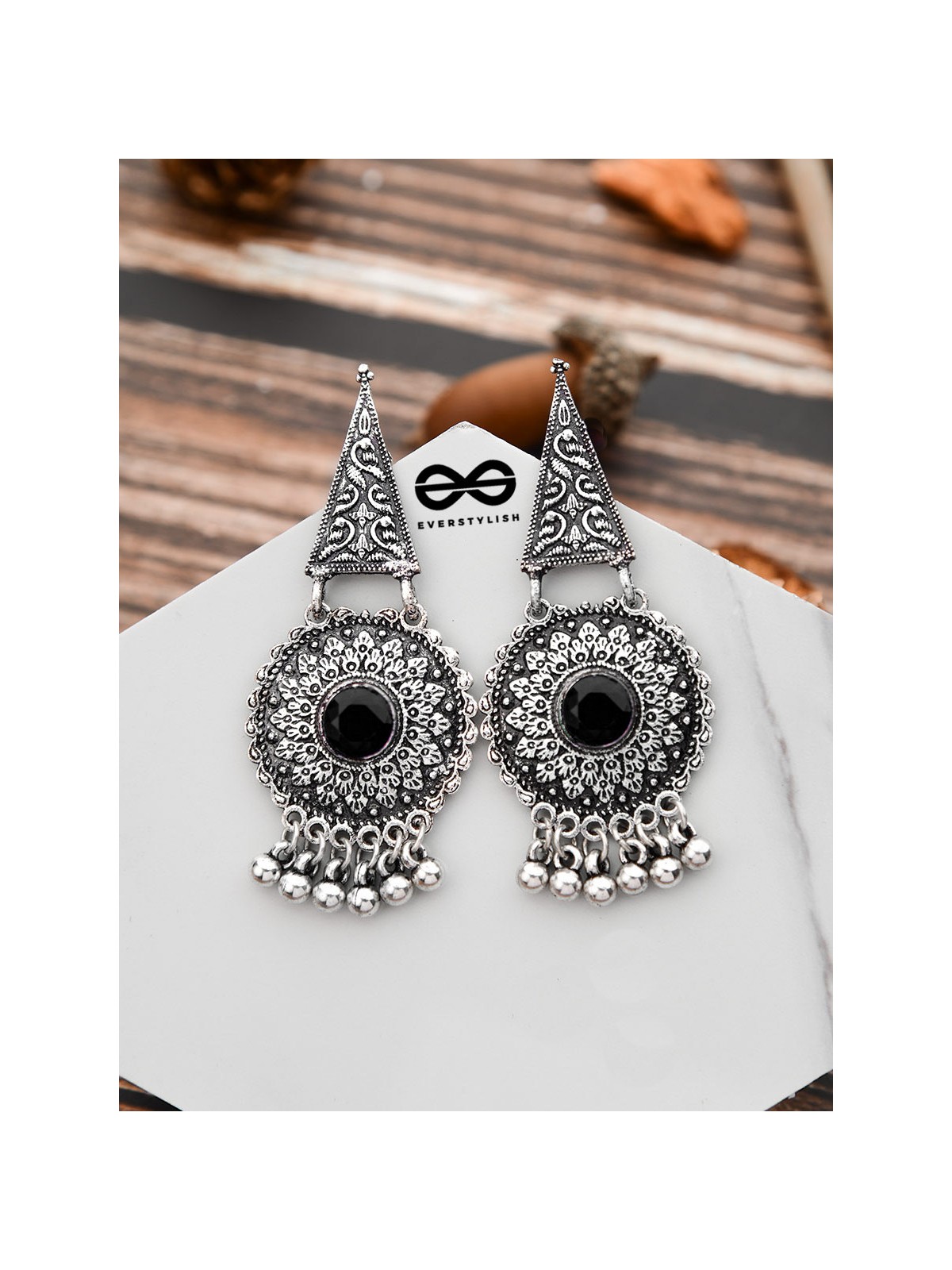 The Embellished Oxidised Collection - Intricate Geometry Earrings- Onyx Black