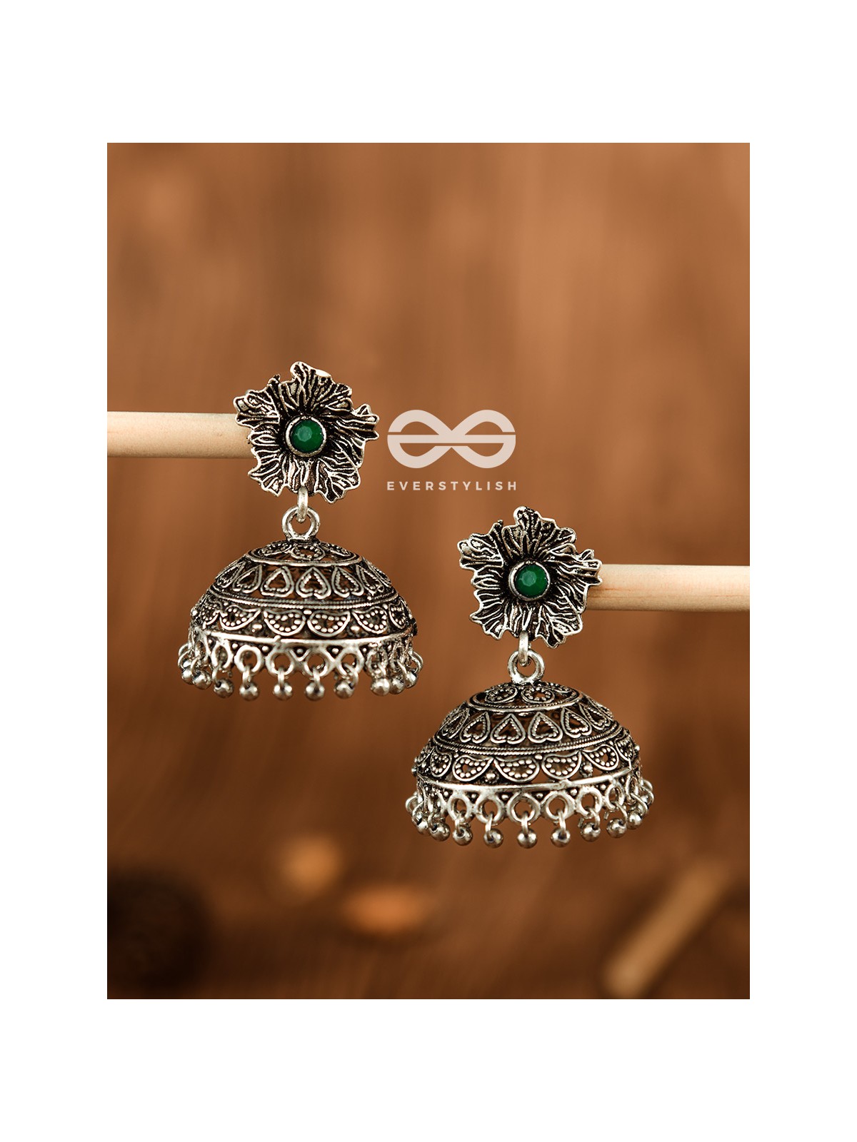 The Large Floral Intricate Jhumkas (Emerald Green) - Embellished Oxidised Collection