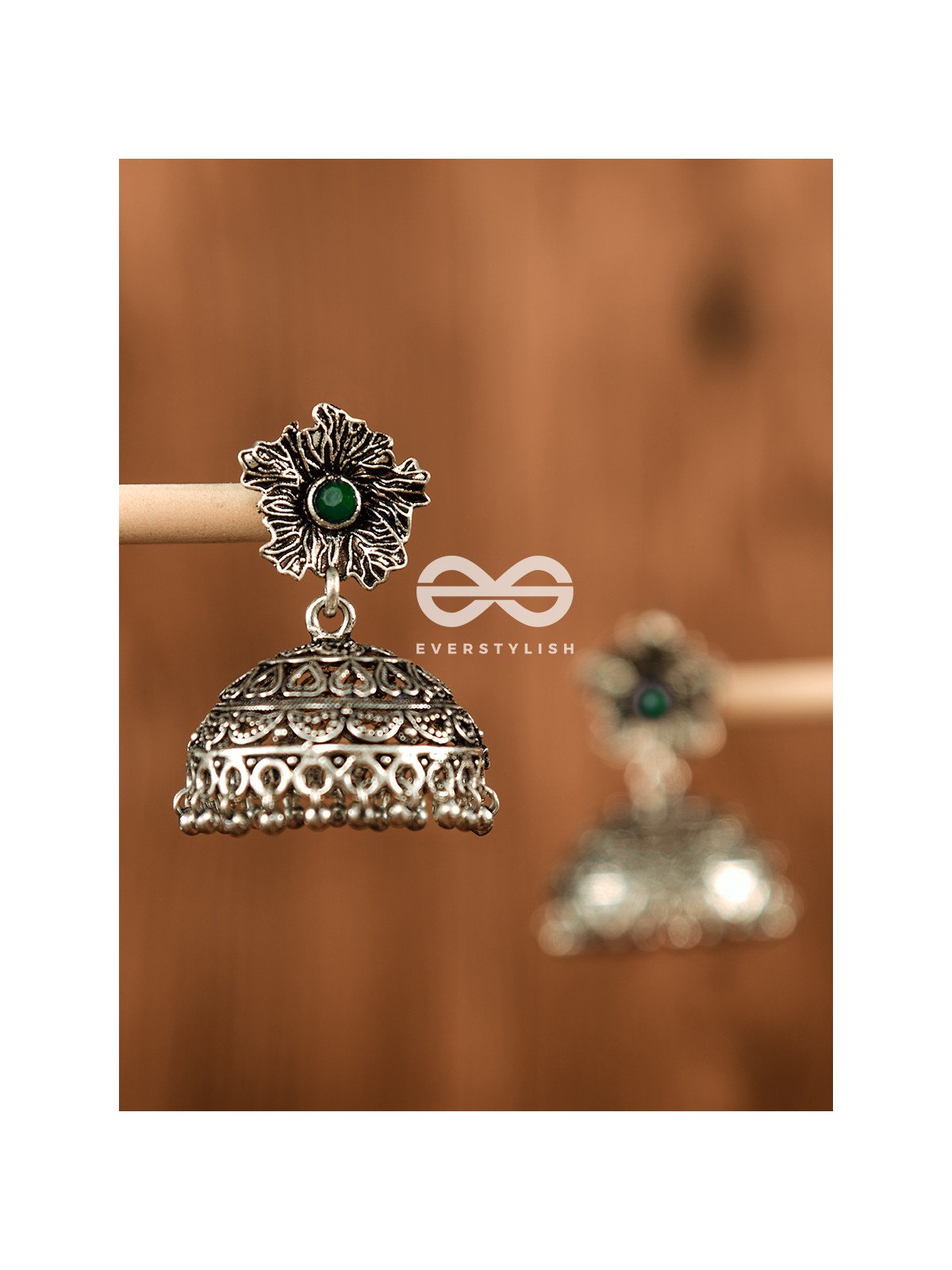 The Large Floral Intricate Jhumkas (Emerald Green) - Embellished Oxidised Collection