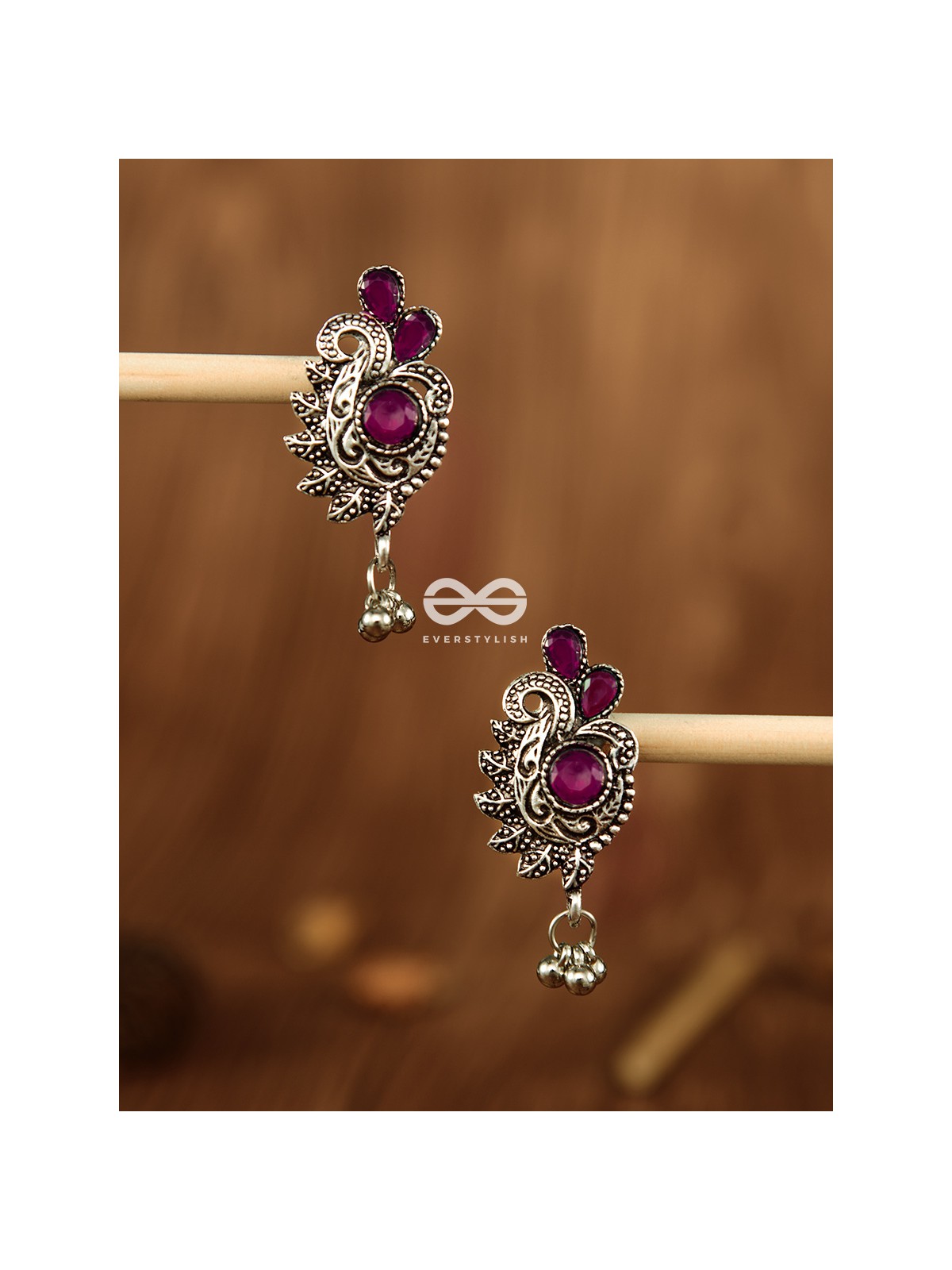 The Shimmery Motif Studs (Maroon) - Embellished Oxidised Collection