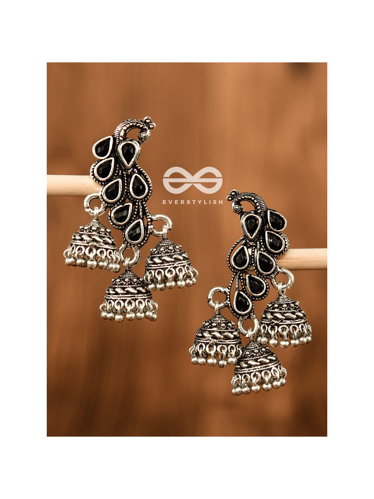 The Elegant Triple Jhumki Peacocks (Onyx Black) - Embellished Oxidised Collection