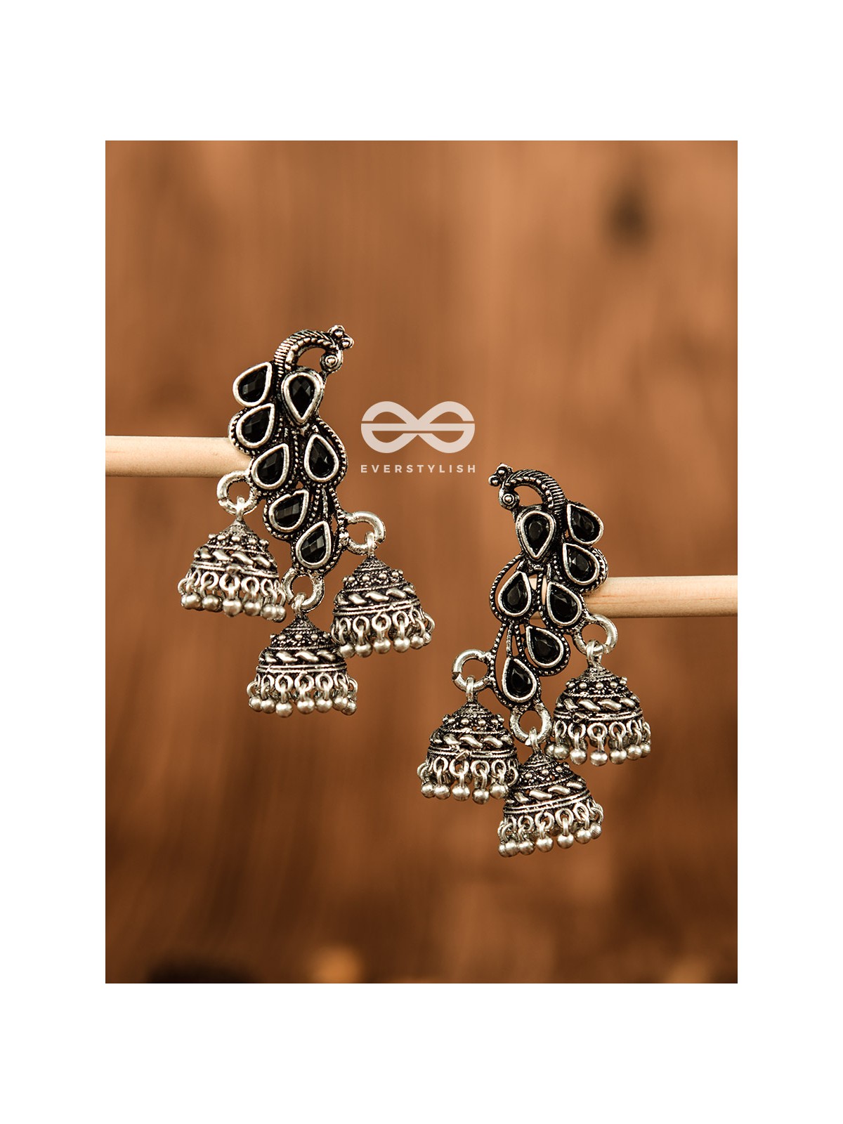The Elegant Triple Jhumki Peacocks (Onyx Black) - Embellished Oxidised Collection