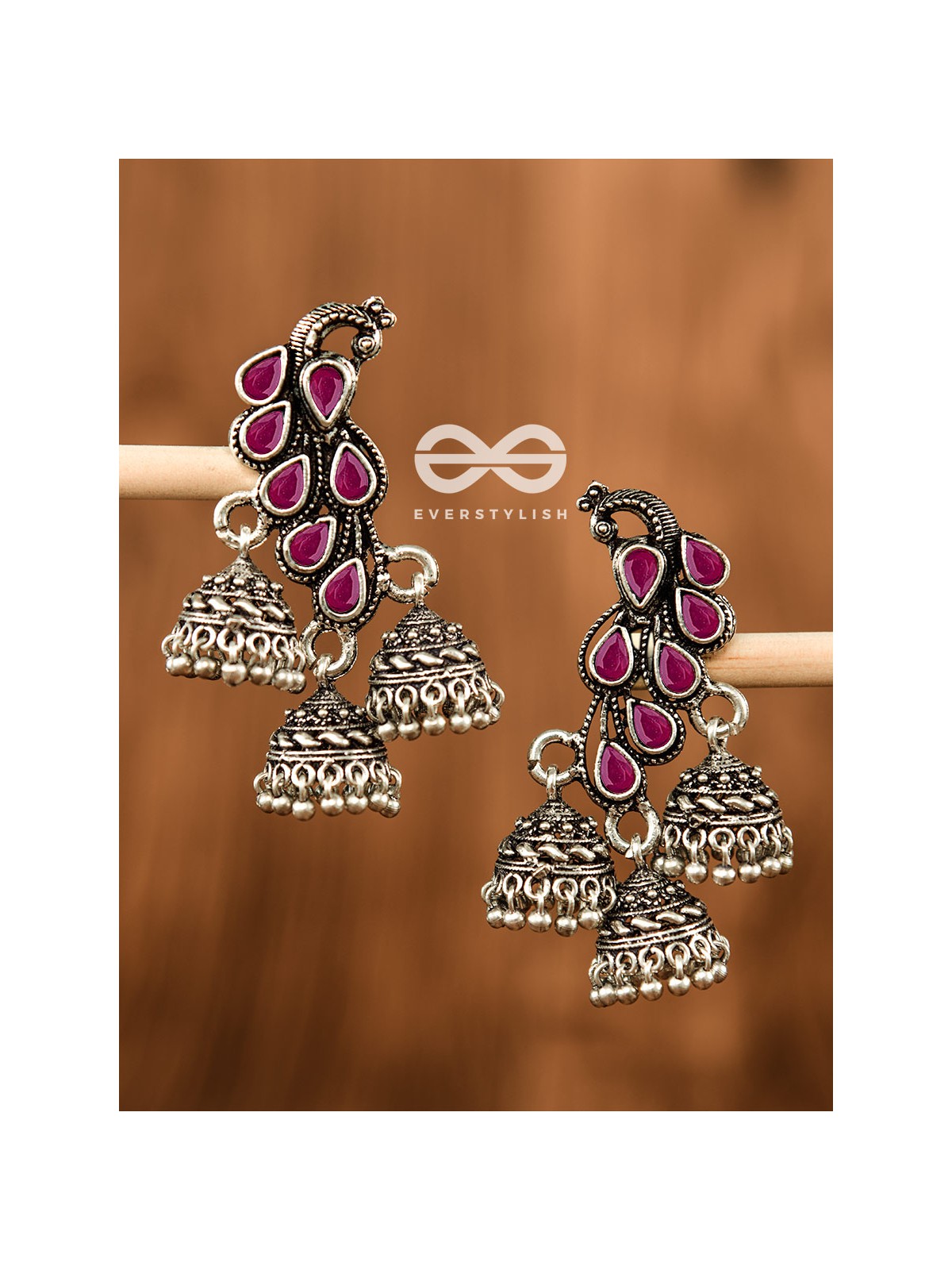 The Elegant Triple Jhumki Peacocks (Ruby Red) - Embellished Oxidised Collection