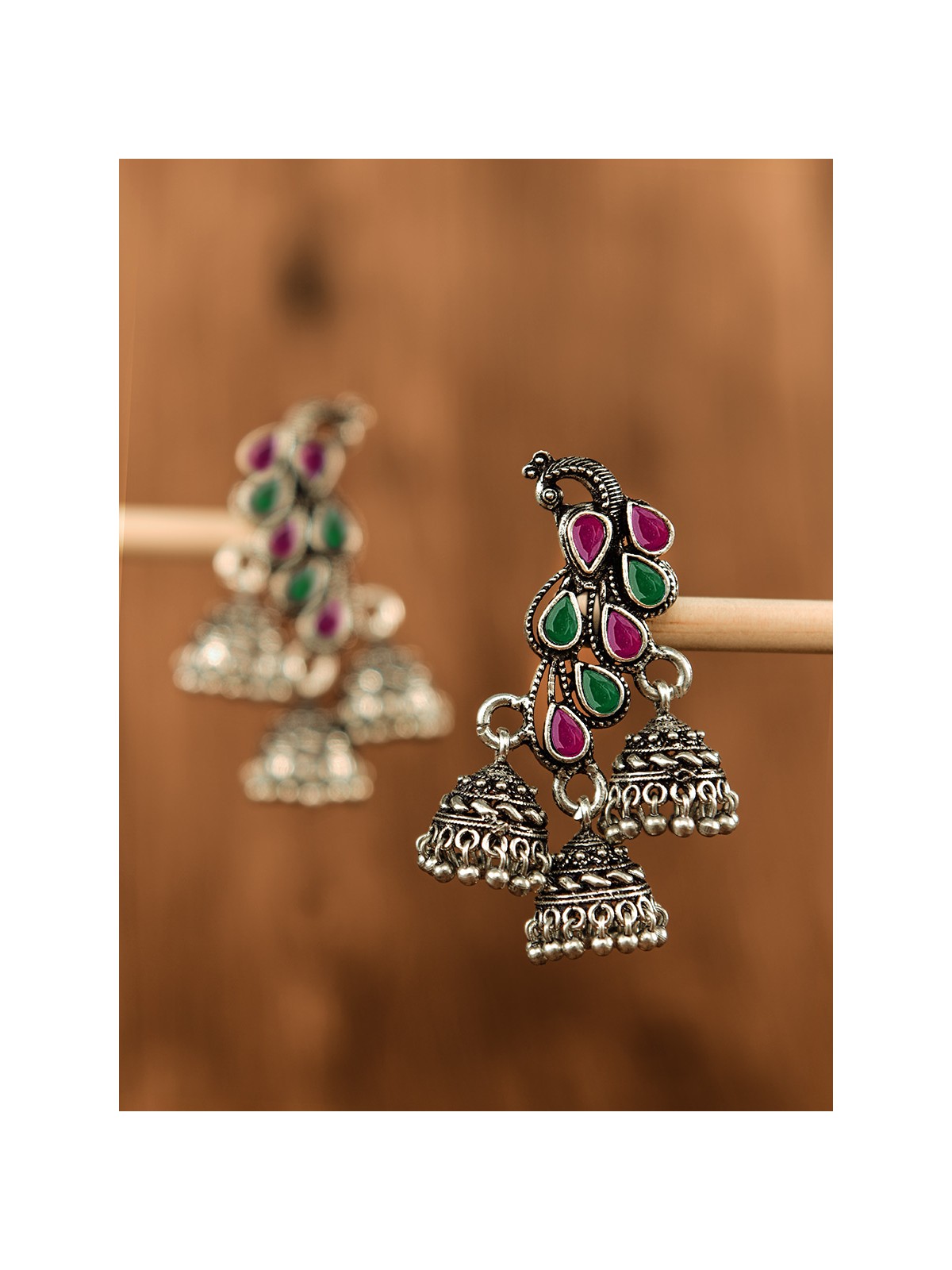The Elegant Triple Jhumki Peacocks (Ruby-Emerald) - Embellished Oxidised Collection