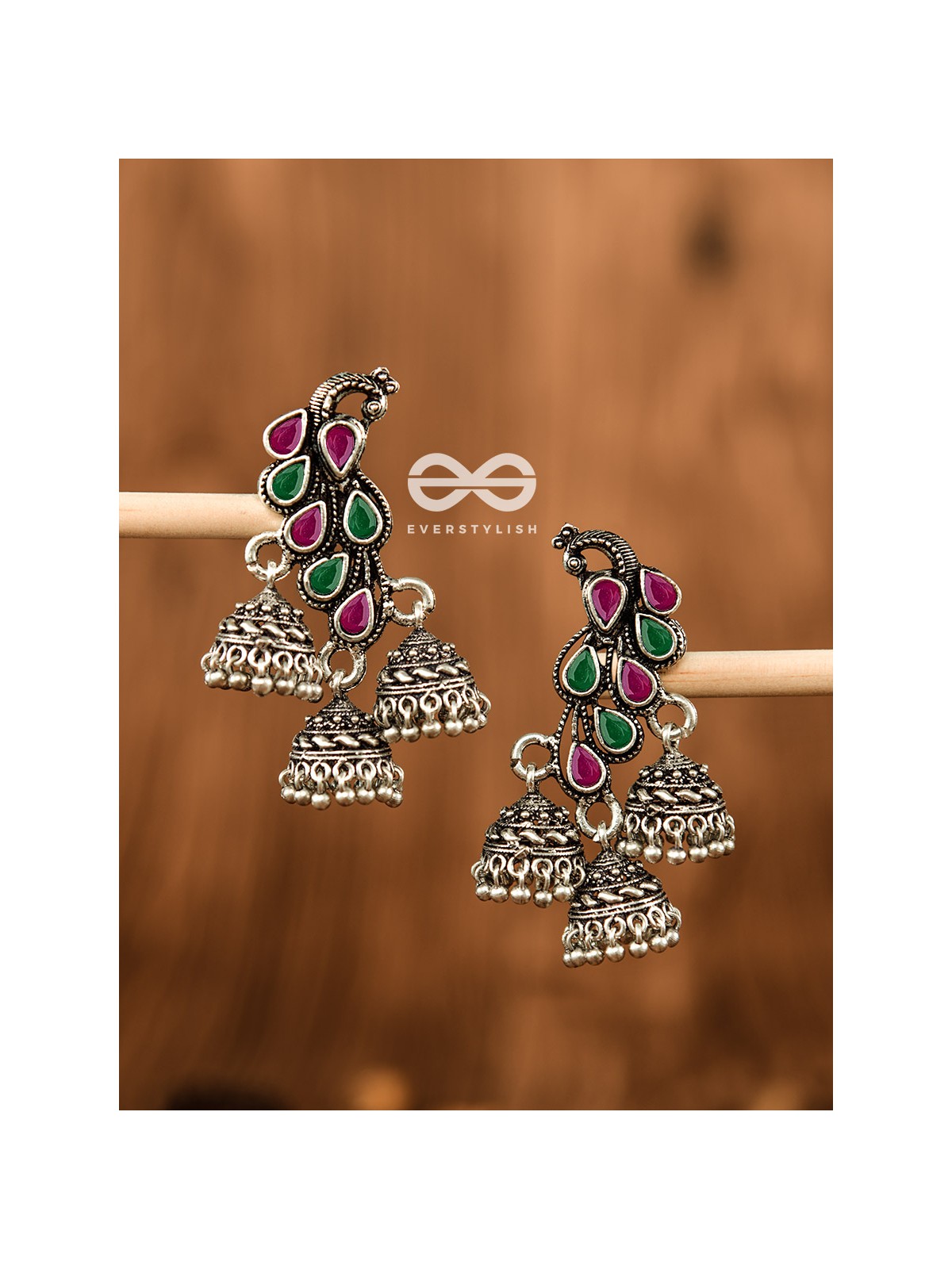 The Elegant Triple Jhumki Peacocks (Ruby-Emerald) - Embellished Oxidised Collection