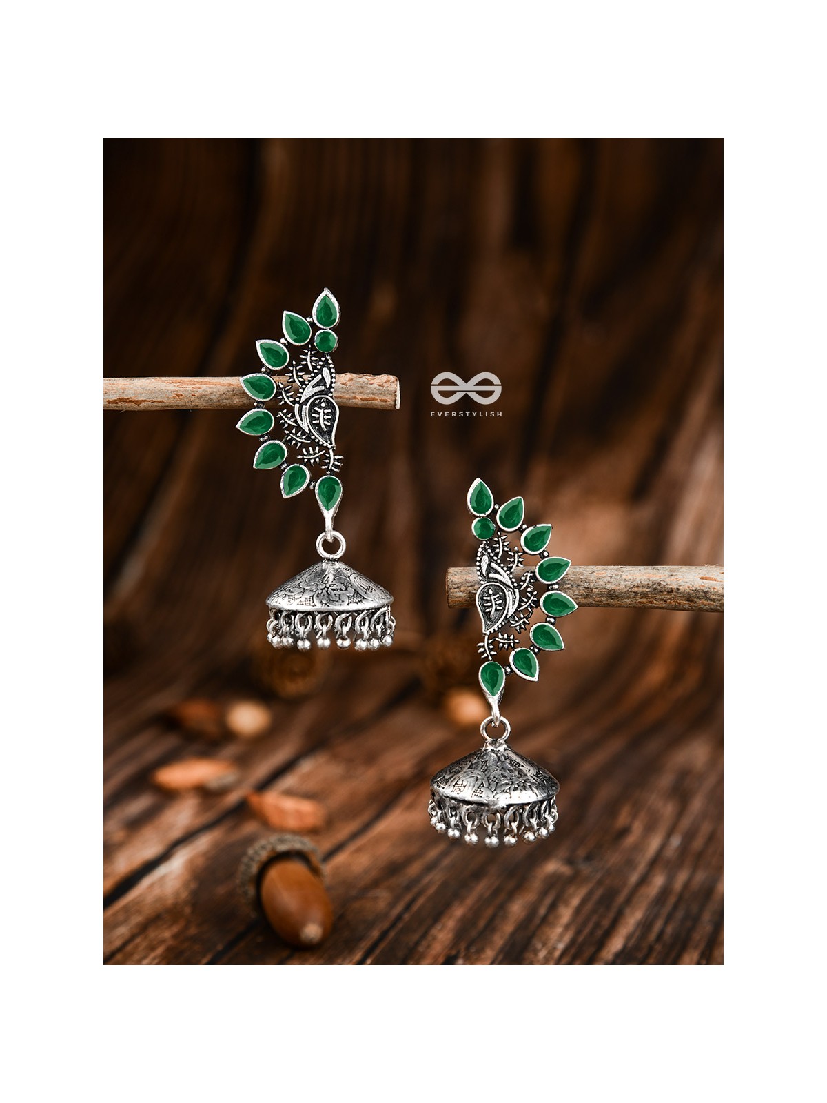 The Bohemian Elegance Floral Jhumkis (Emerald) - Oxidised Embellished Collection