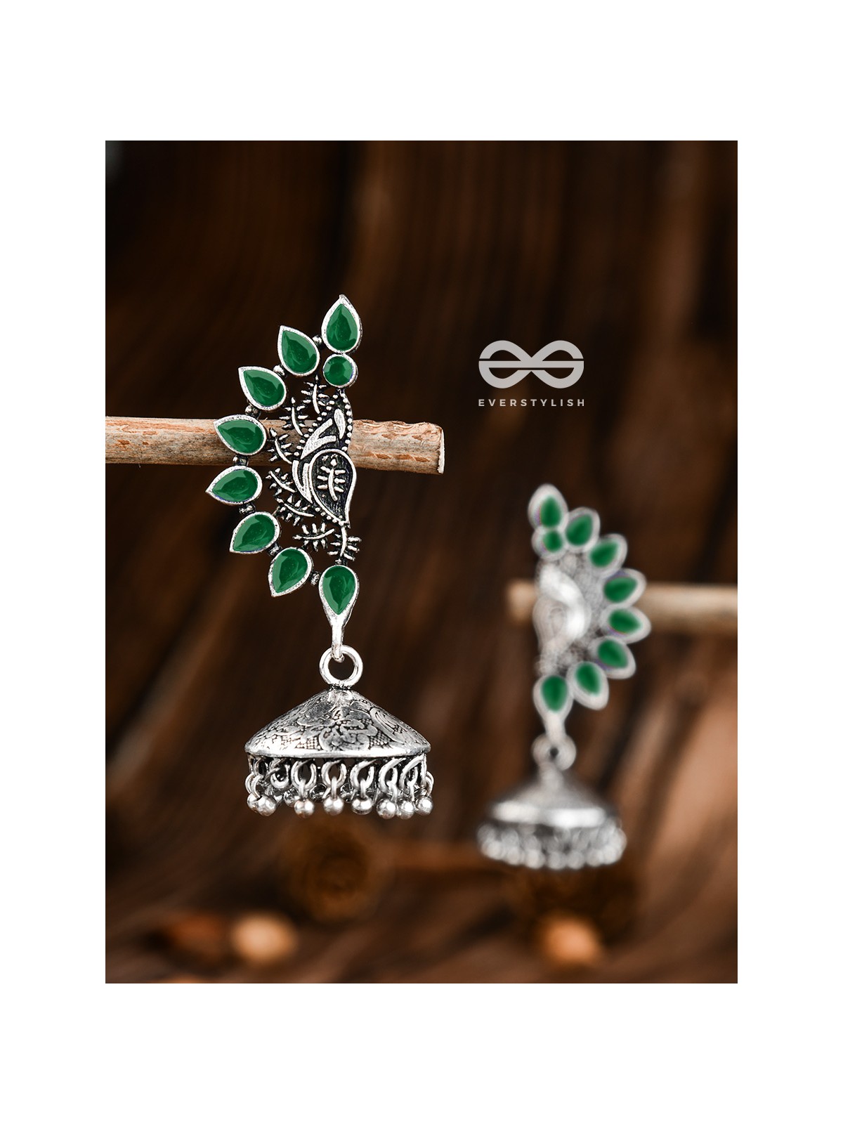 The Bohemian Elegance Floral Jhumkis (Emerald) - Oxidised Embellished Collection