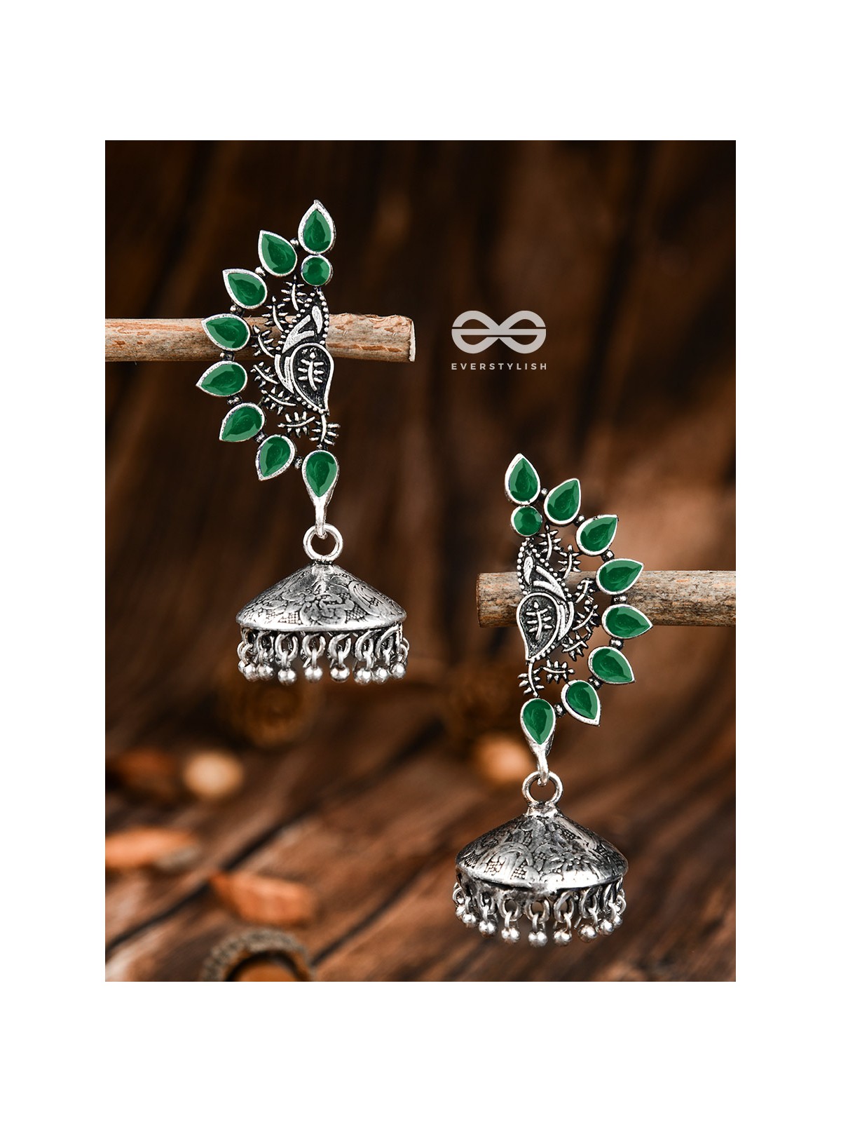 The Bohemian Elegance Floral Jhumkis (Emerald) - Oxidised Embellished Collection