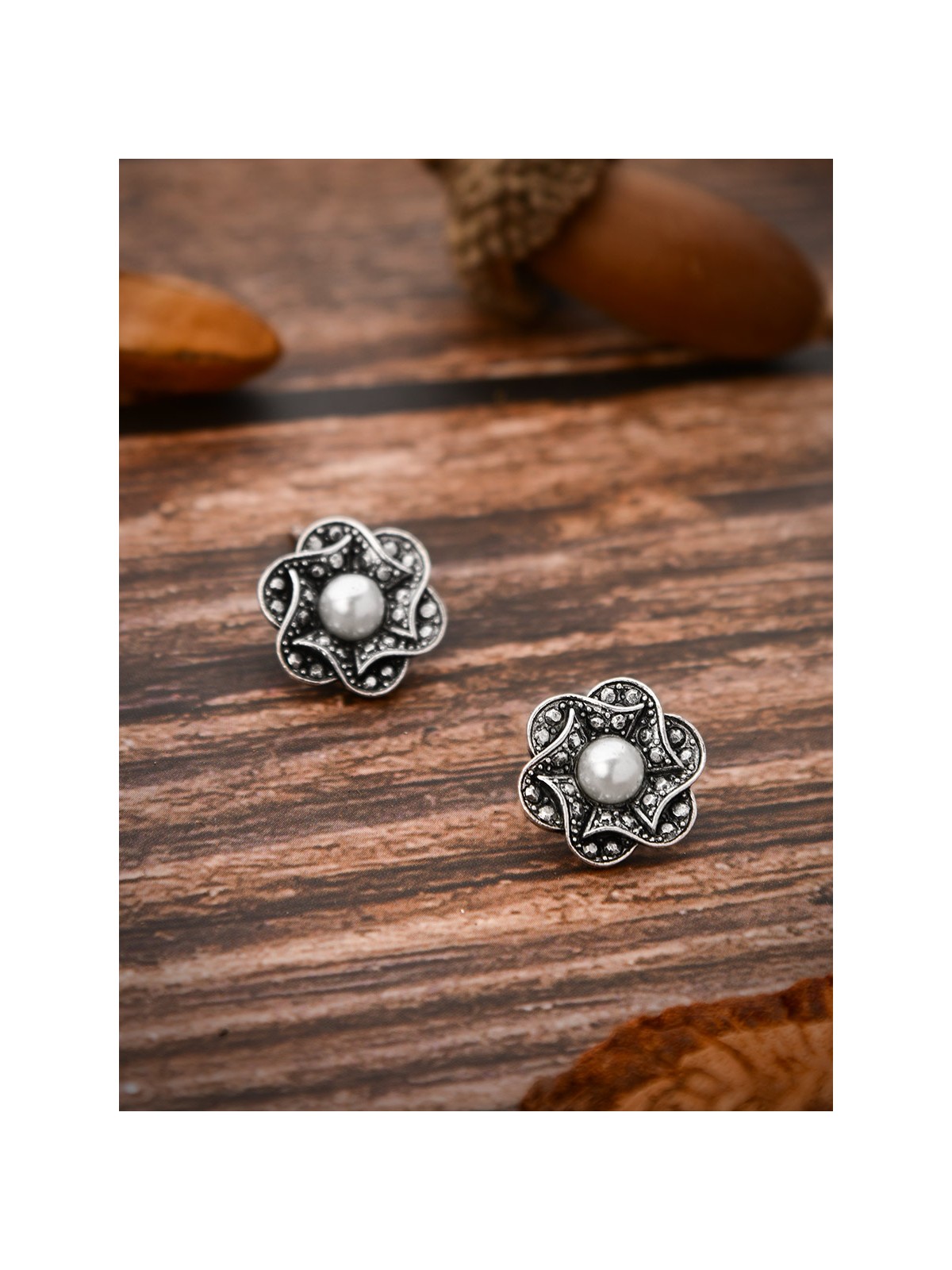 The Oxidised Pearly Flower Tiny Trinket Earrings