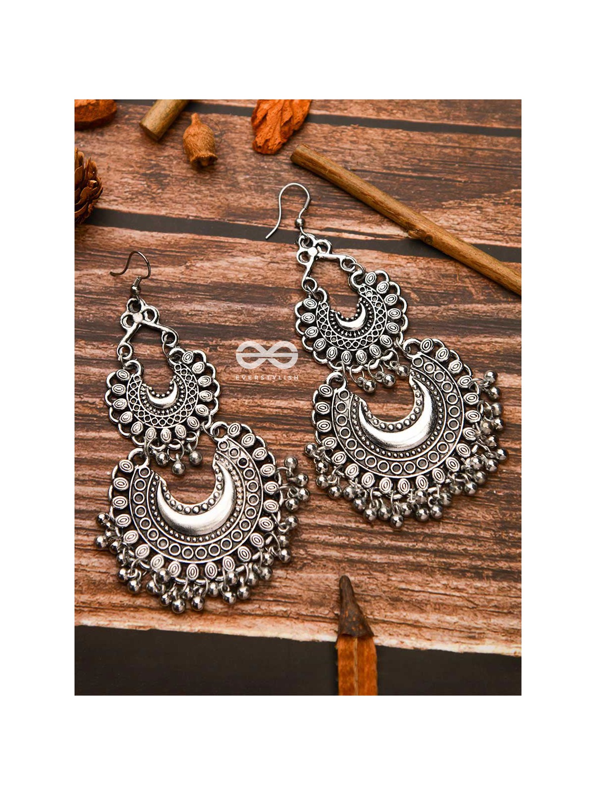 The Double Tribal Chandbali - Oxidised Boho Earrings