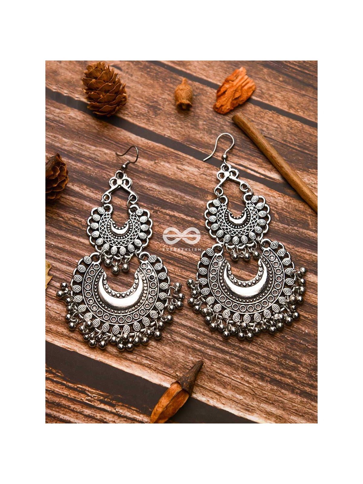 The Double Tribal Chandbali - Oxidised Boho Earrings