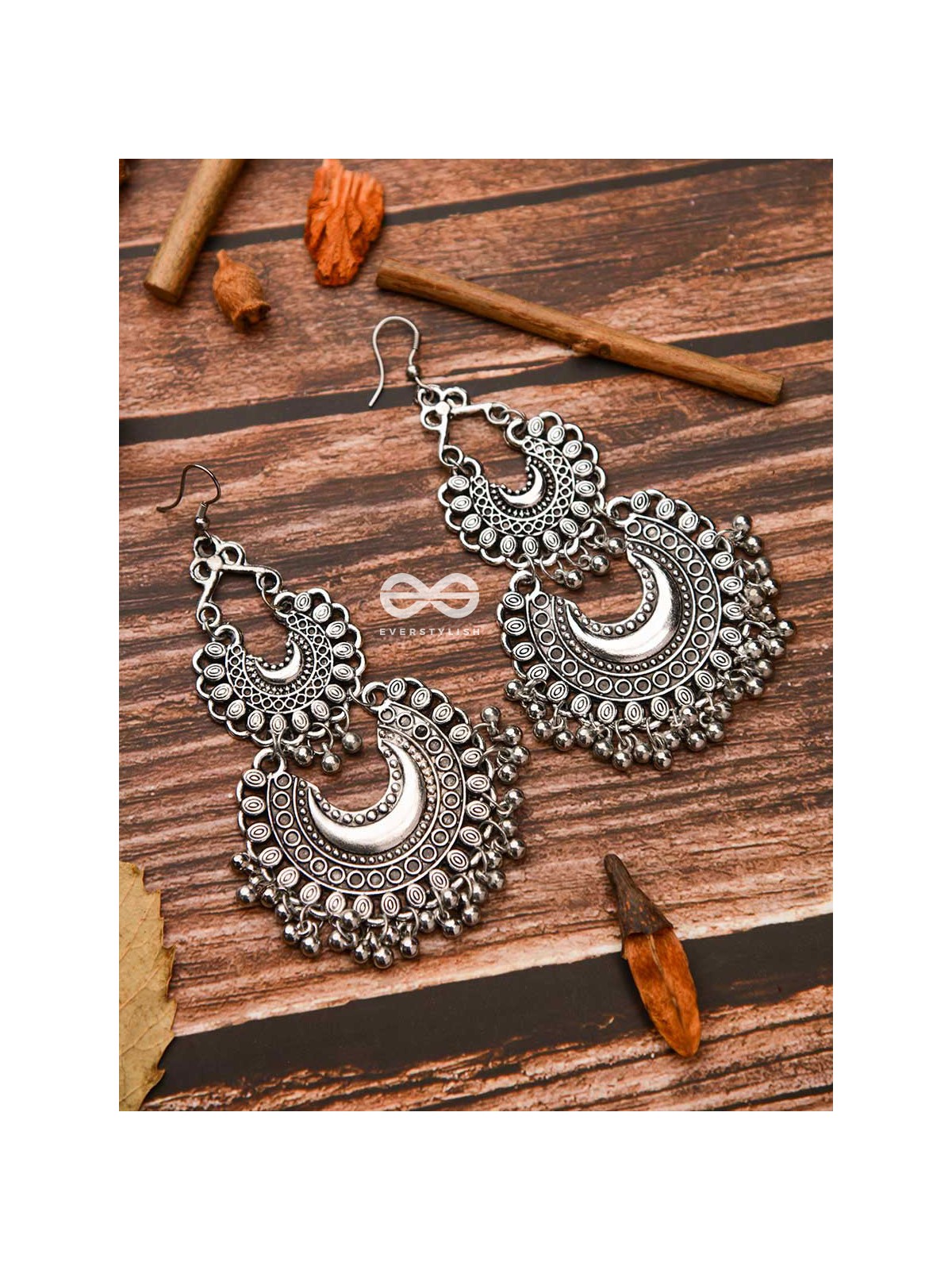 The Double Tribal Chandbali - Oxidised Boho Earrings