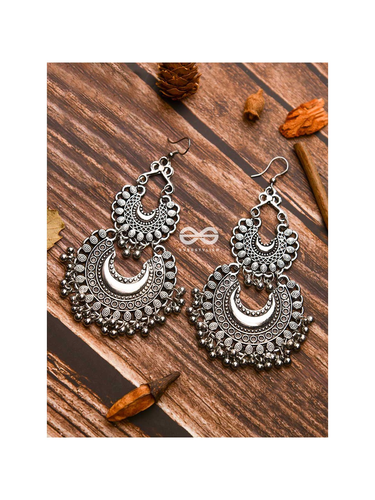 The Double Tribal Chandbali - Oxidised Boho Earrings