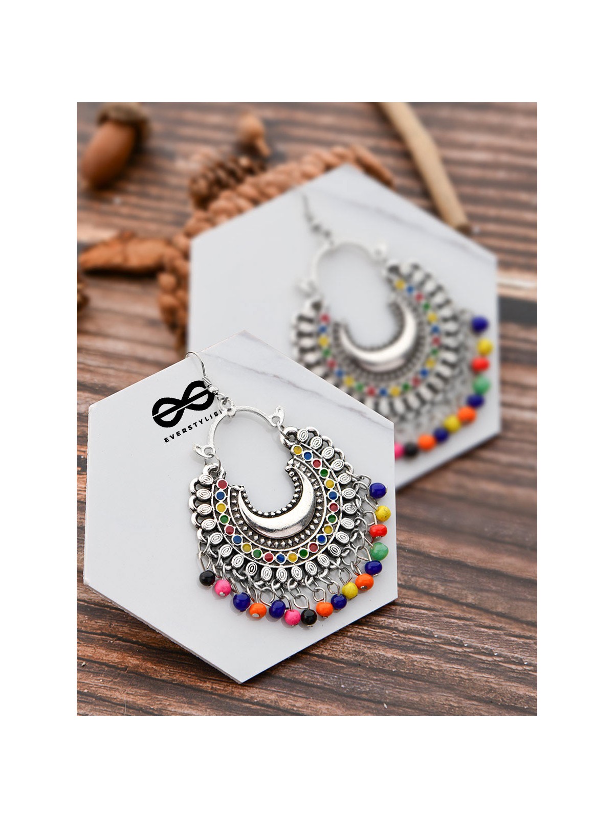 The Motif Moon - Oxidised Chandbali Earrings (Multi Color)