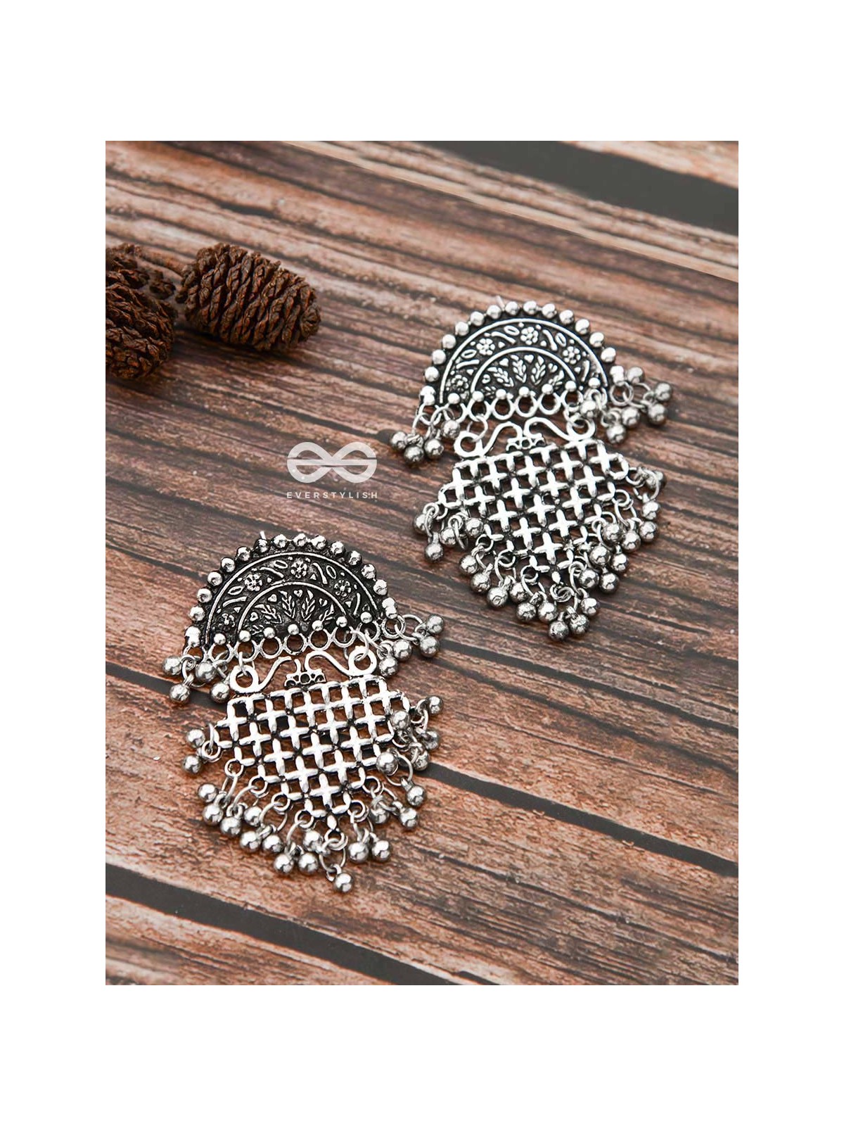 The Criss-Cross Motif Moon - Oxidised Boho Earrings