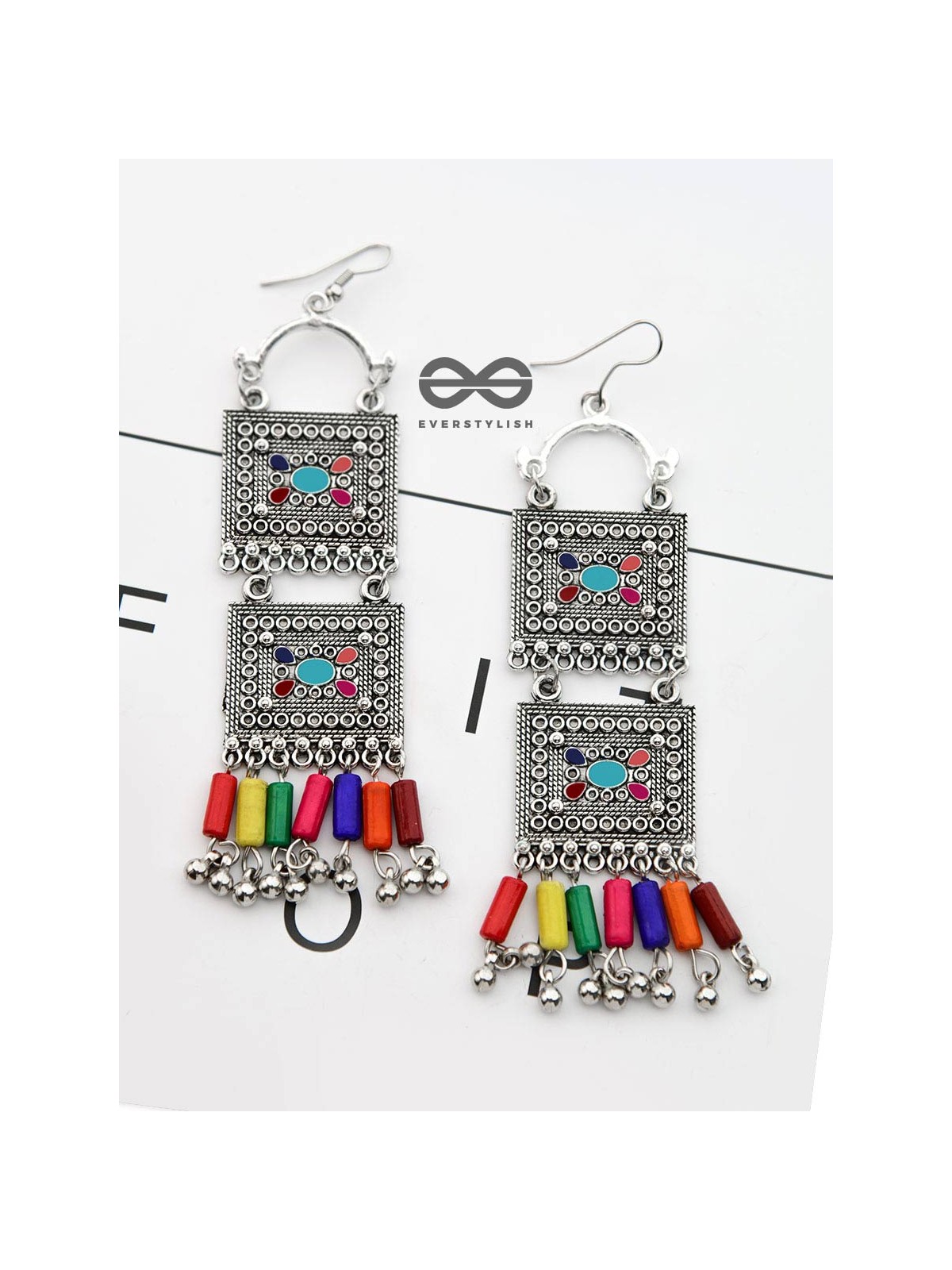The Double Embellished Trunks - Oxidised Boho Earrings - Multicolour