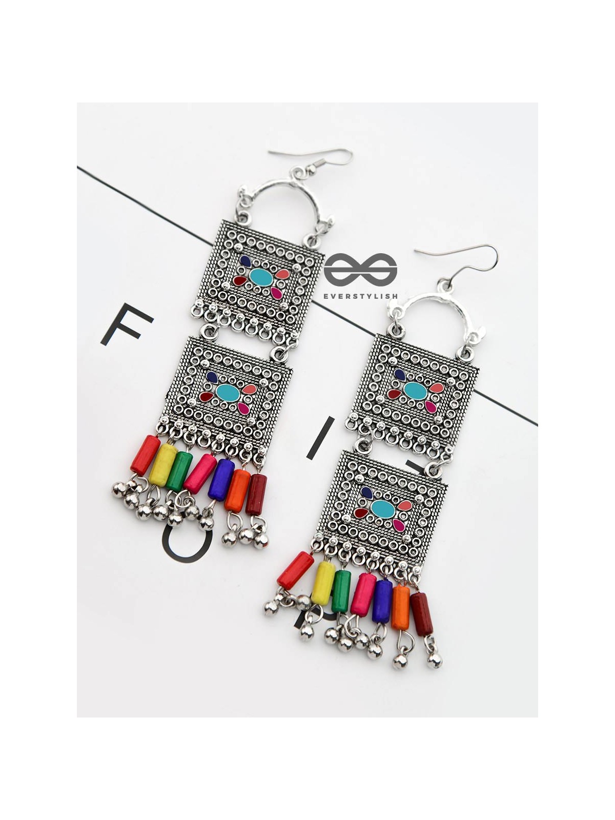 The Double Embellished Trunks - Oxidised Boho Earrings - Multicolour
