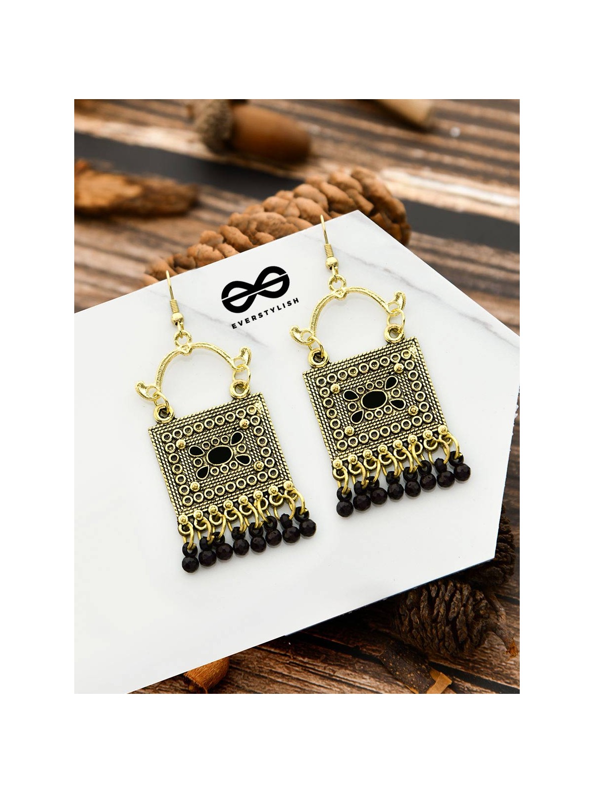 The Embellished Trunk - Oxidised Boho Earrings - Golden Black
