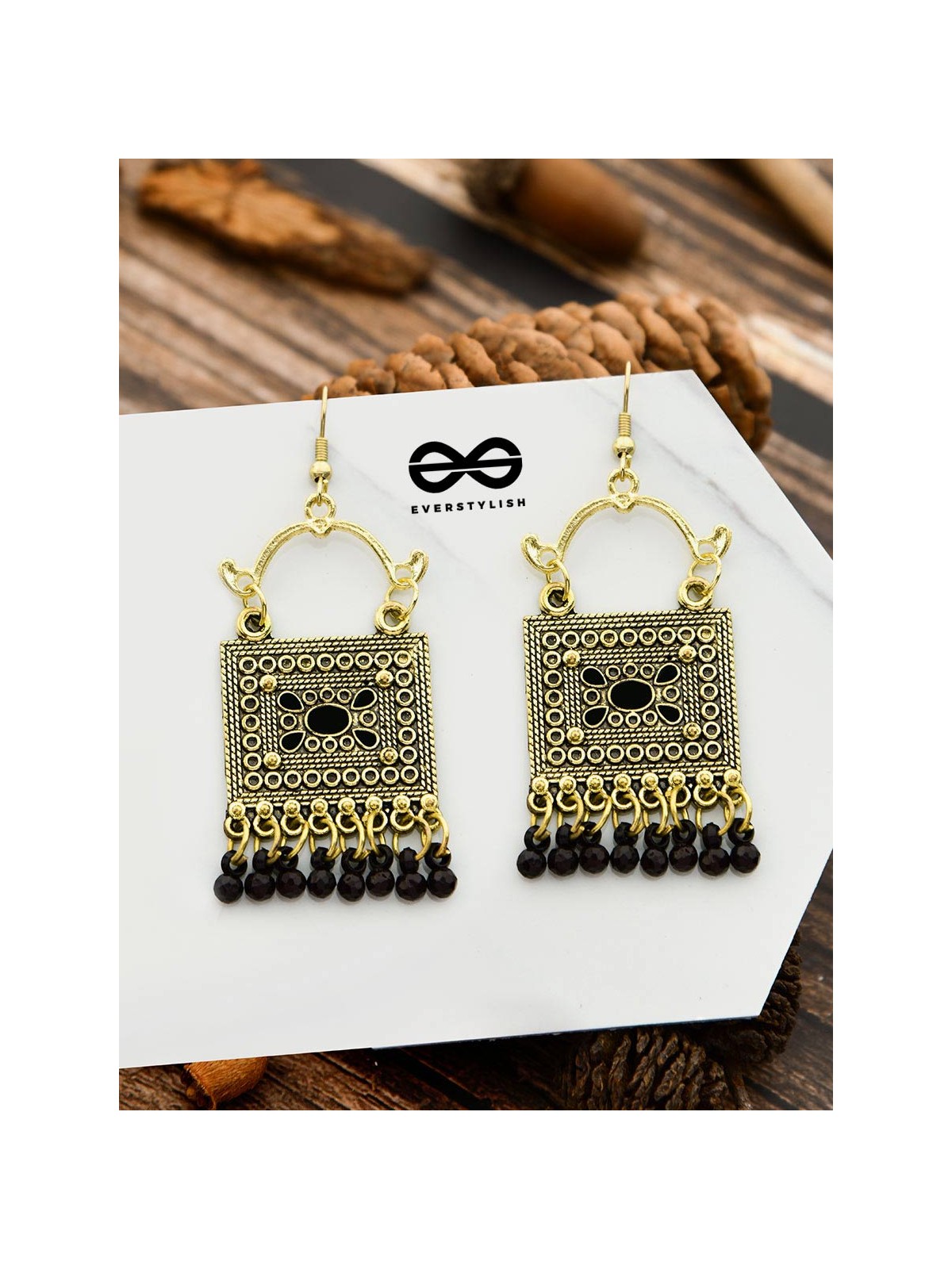 The Embellished Trunk - Oxidised Boho Earrings - Golden Black