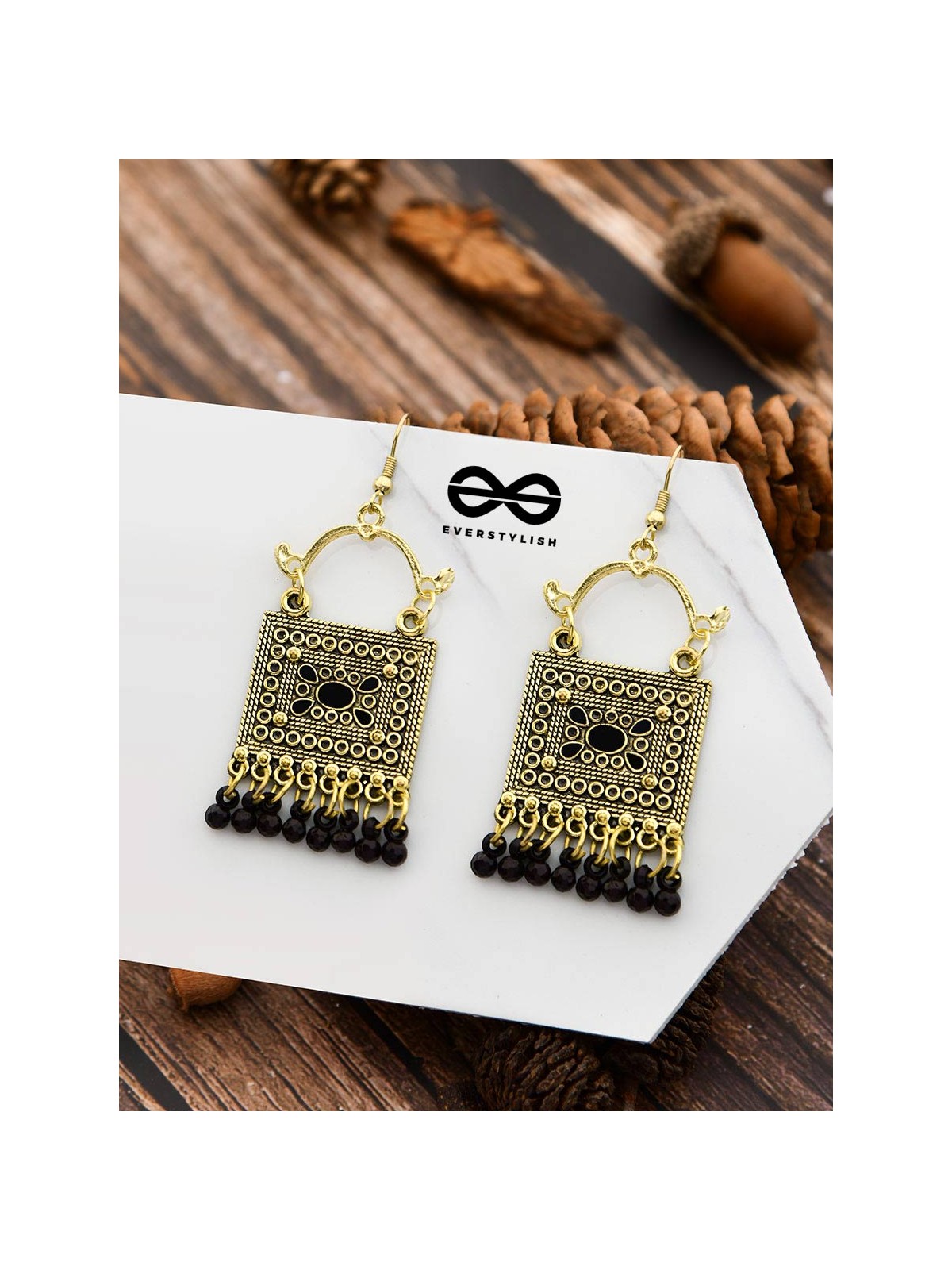 The Embellished Trunk - Oxidised Boho Earrings - Golden Black