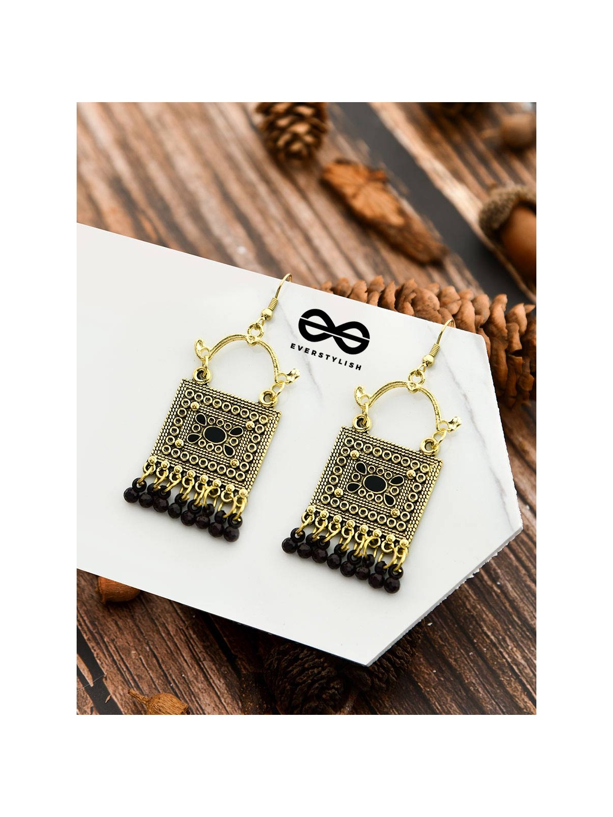 The Embellished Trunk - Oxidised Boho Earrings - Golden Black