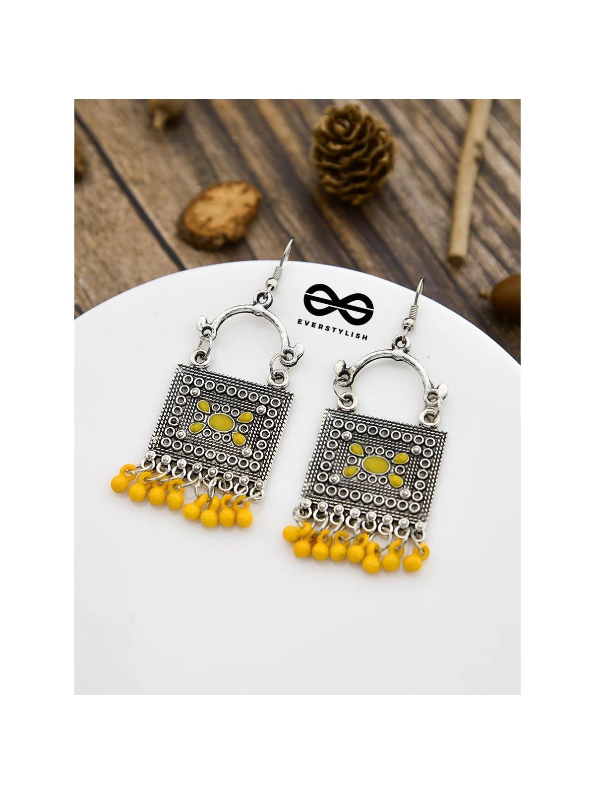 The Embellished Trunk - Oxidised Boho Earrings - Yellow