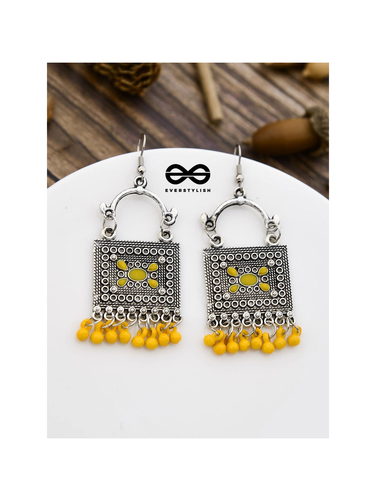 The Embellished Trunk - Oxidised Boho Earrings - Yellow