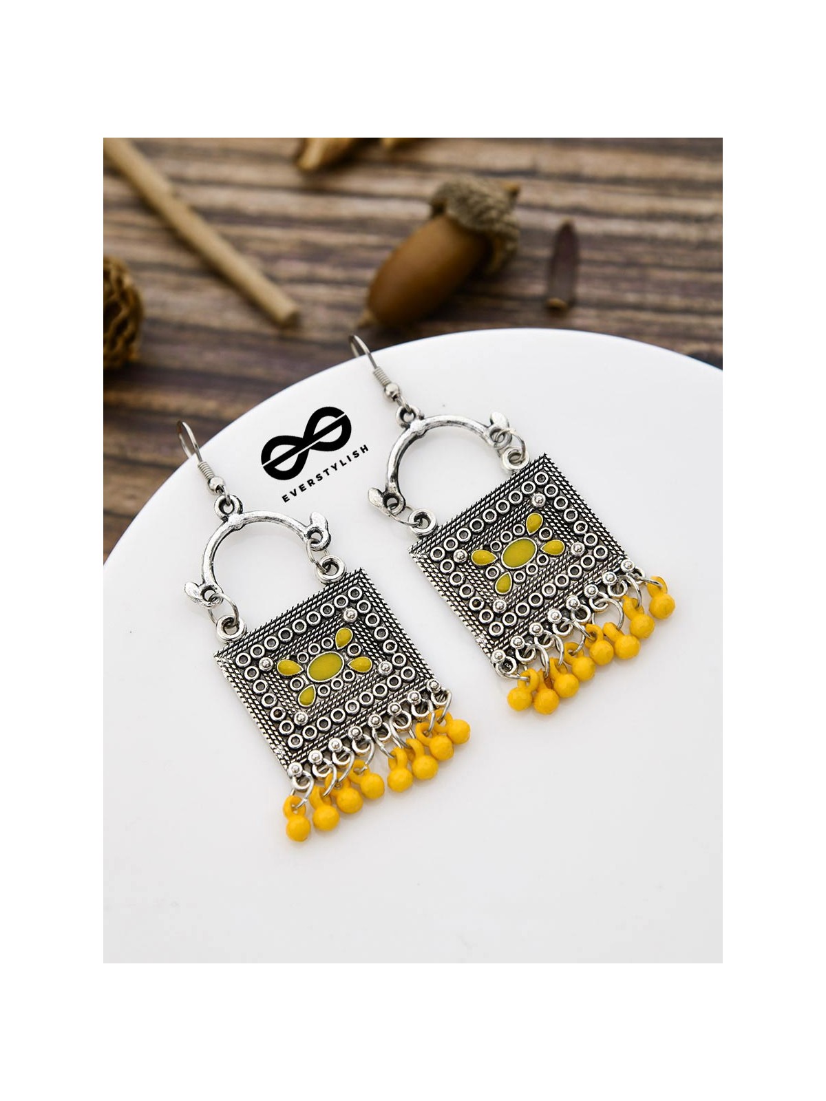 The Embellished Trunk - Oxidised Boho Earrings - Yellow