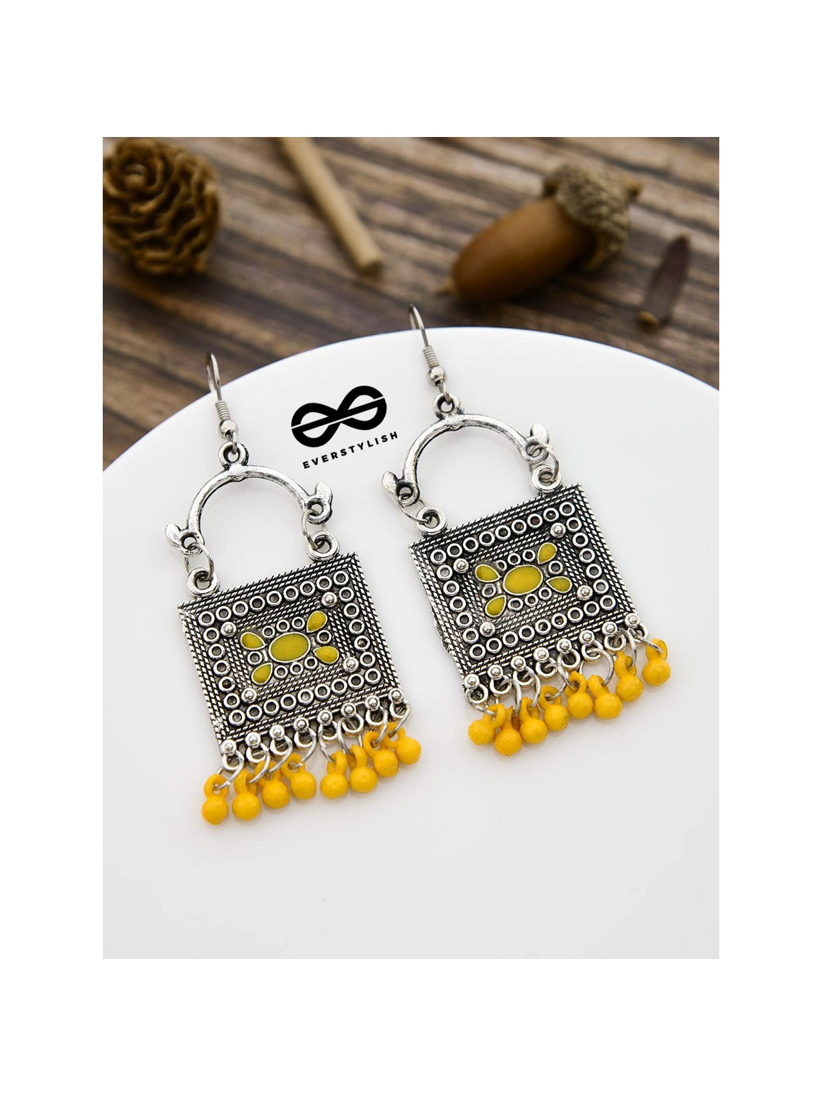 The Embellished Trunk - Oxidised Boho Earrings - Yellow