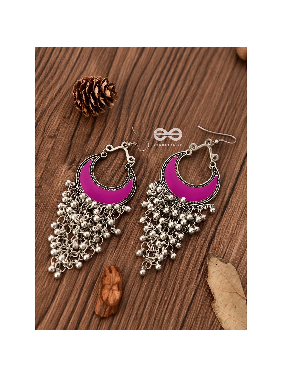 The Enamelled Moon Jhaalar (Pink) - Oxidised Boho Earrings