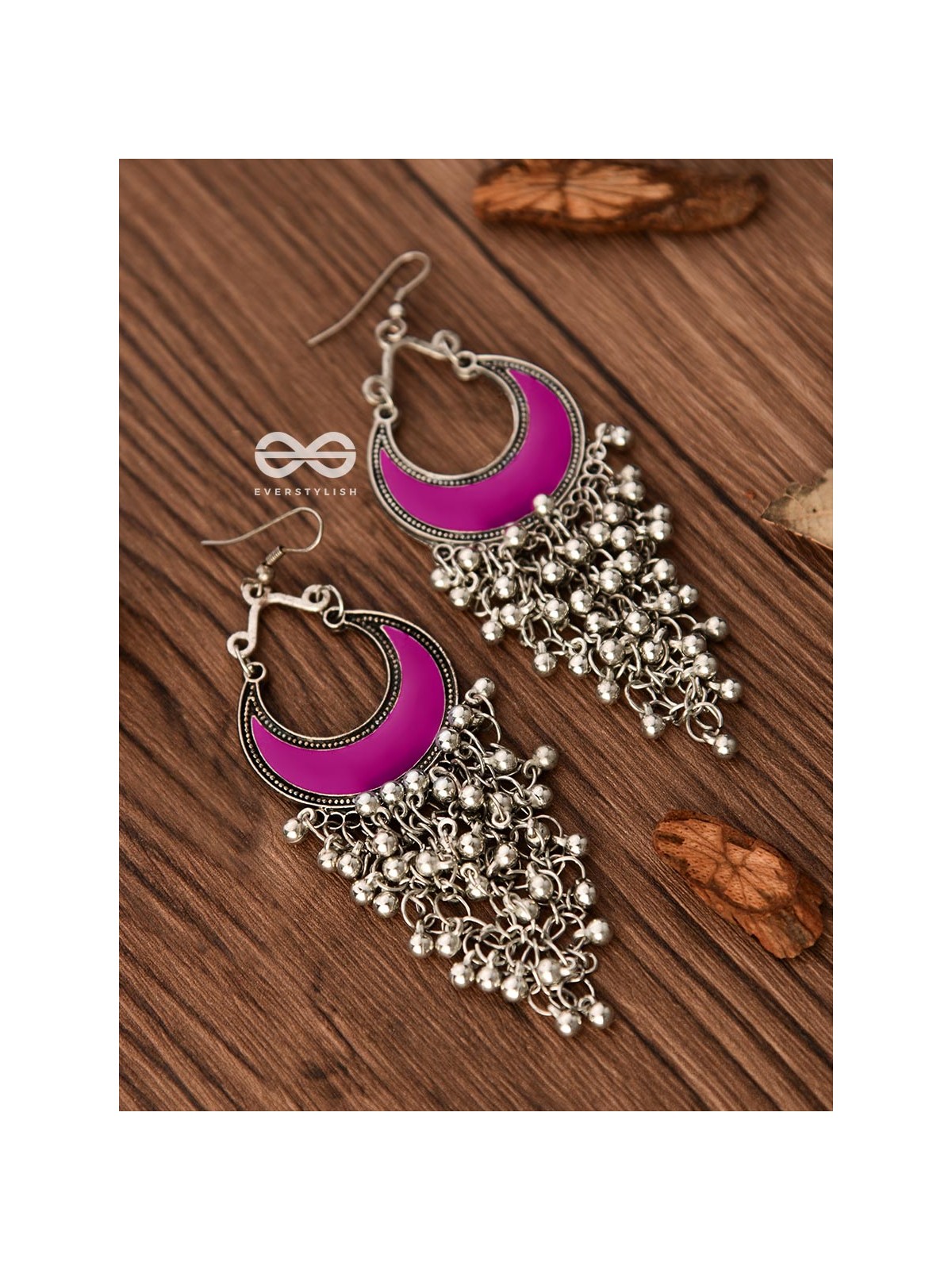 The Enamelled Moon Jhaalar (Pink) - Oxidised Boho Earrings