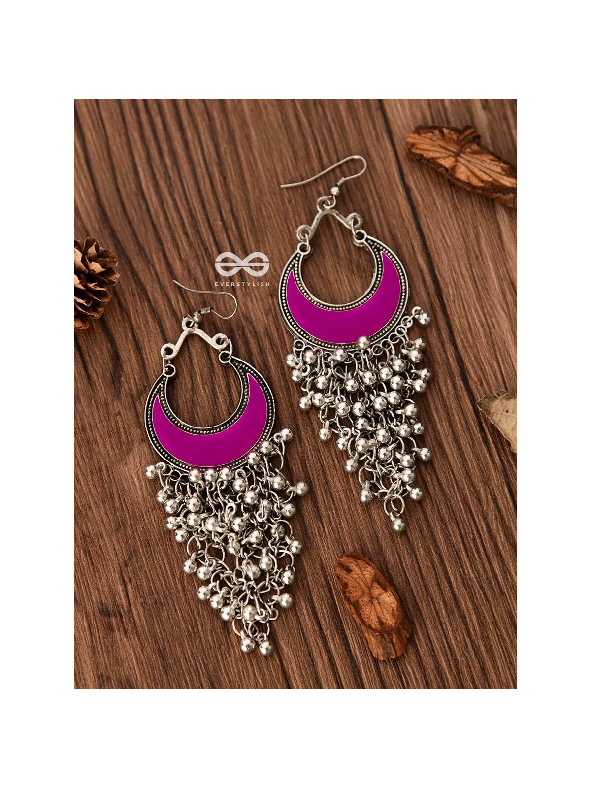 The Enamelled Moon Jhaalar (Pink) - Oxidised Boho Earrings